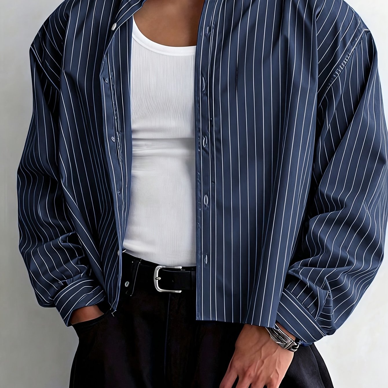 Lingju Juixuan Men's Striped Long Sleeve Shirt, Autumn Menswear