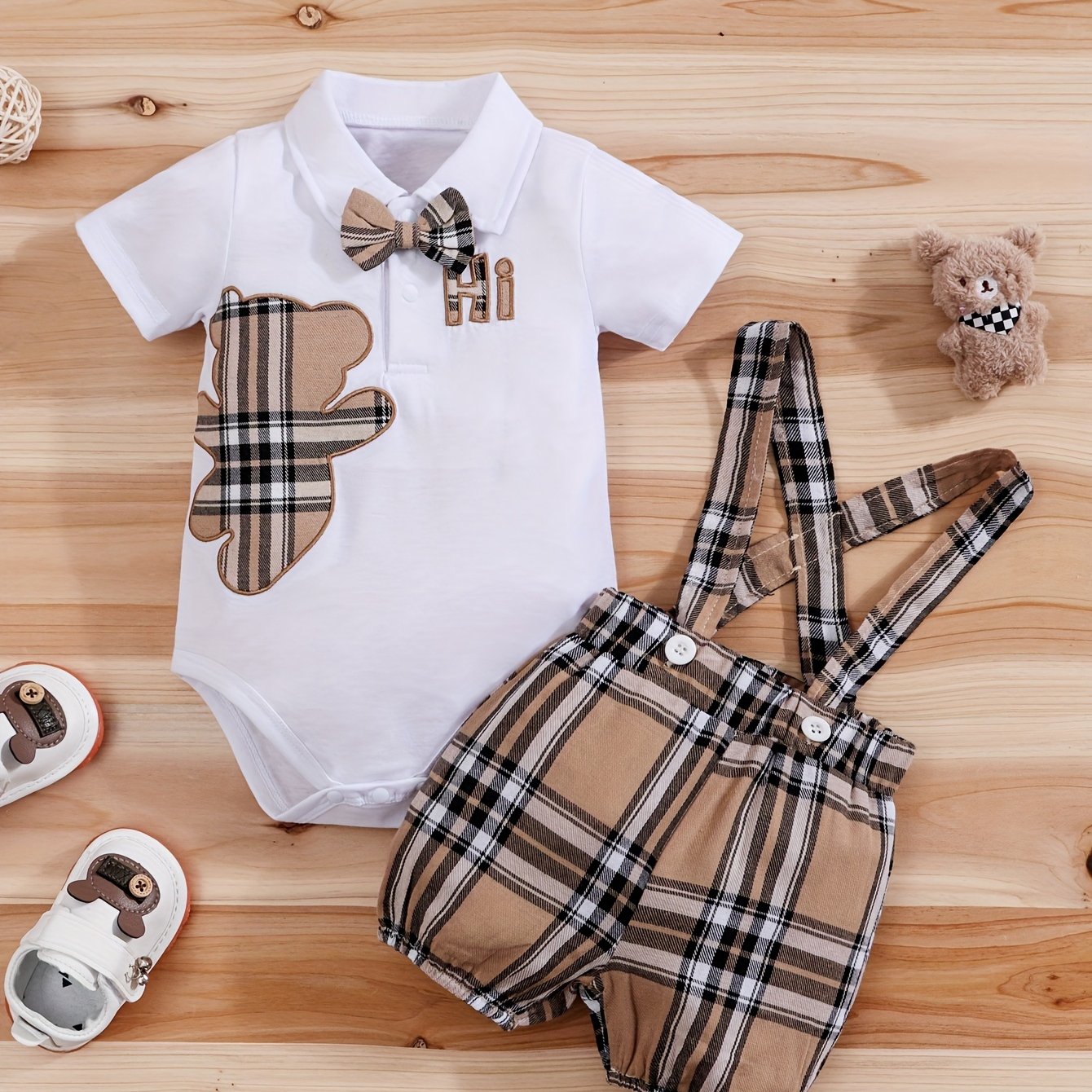 Image of Summer Cartoon Bear Embroidery Shirt Bow Tie Triangle Romper + Woven Suspender Shorts Set 2 Pieces, For Outdoor, And Clothes, Christmas, Halloween