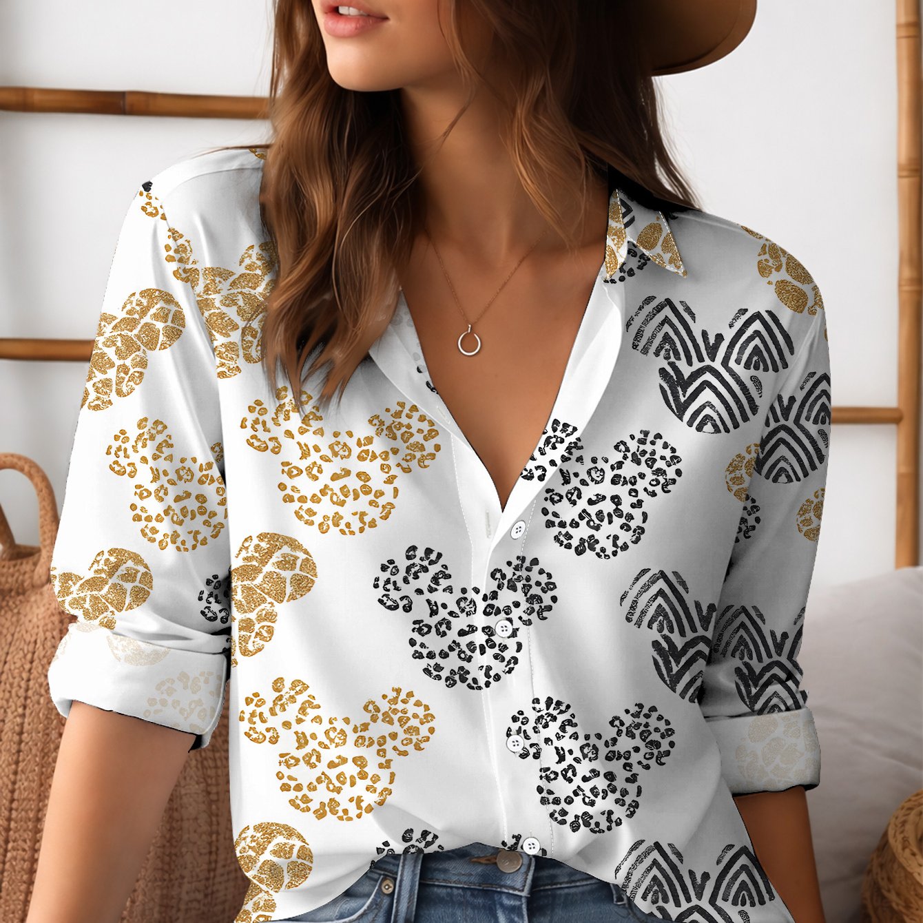 TEMU Chemise à manches longues pour femmes imprimée, Chemise à manches longues pour femmes style , Éléments dorés argentés noirs Décontracté Sortie