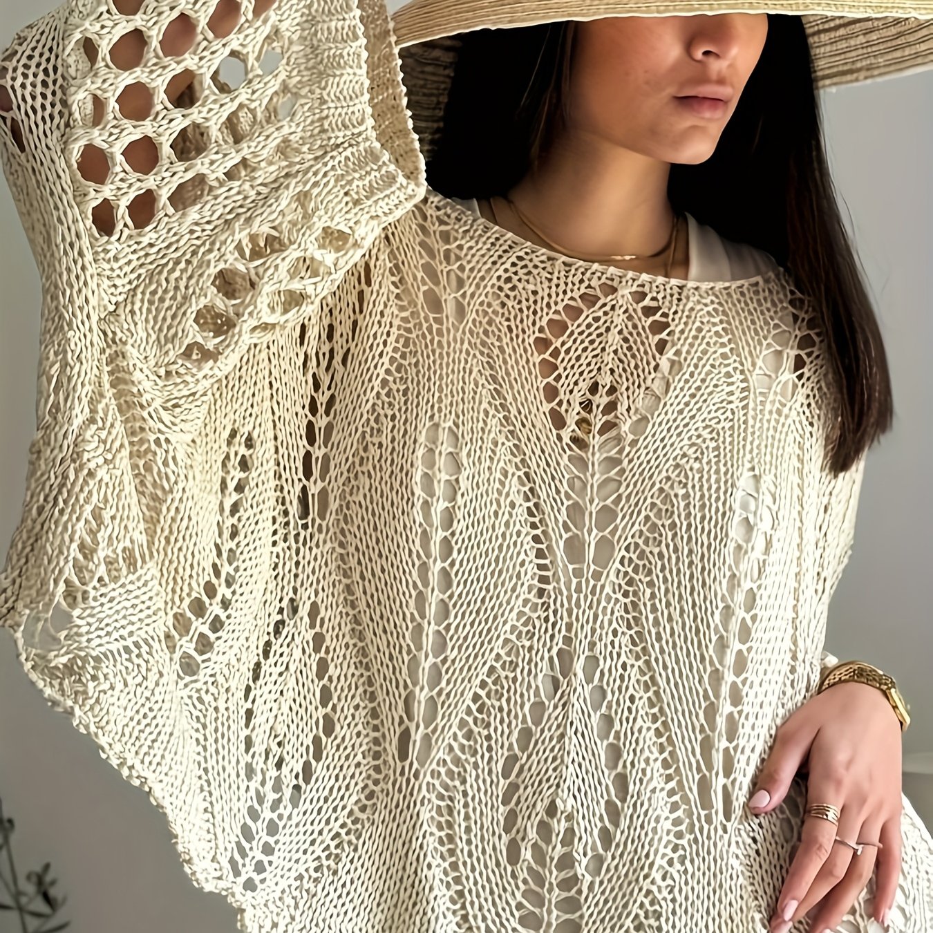 Image of Plus Size, Directional Style Casual Hollow-out Cover-up Top, 3/4 Sleeve, Plus Size, Loose Sweater