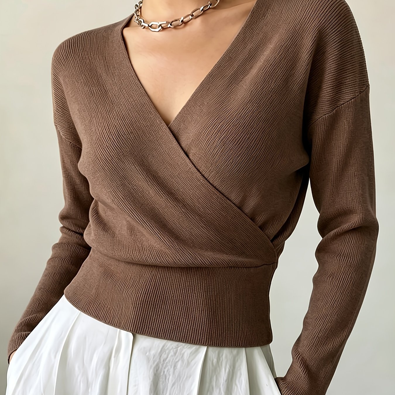 TEMU Women's New Ins Autumn Winter Cross-collar Pullover, Temperament All-match Loose Machine Washable Long Sleeve Sweater