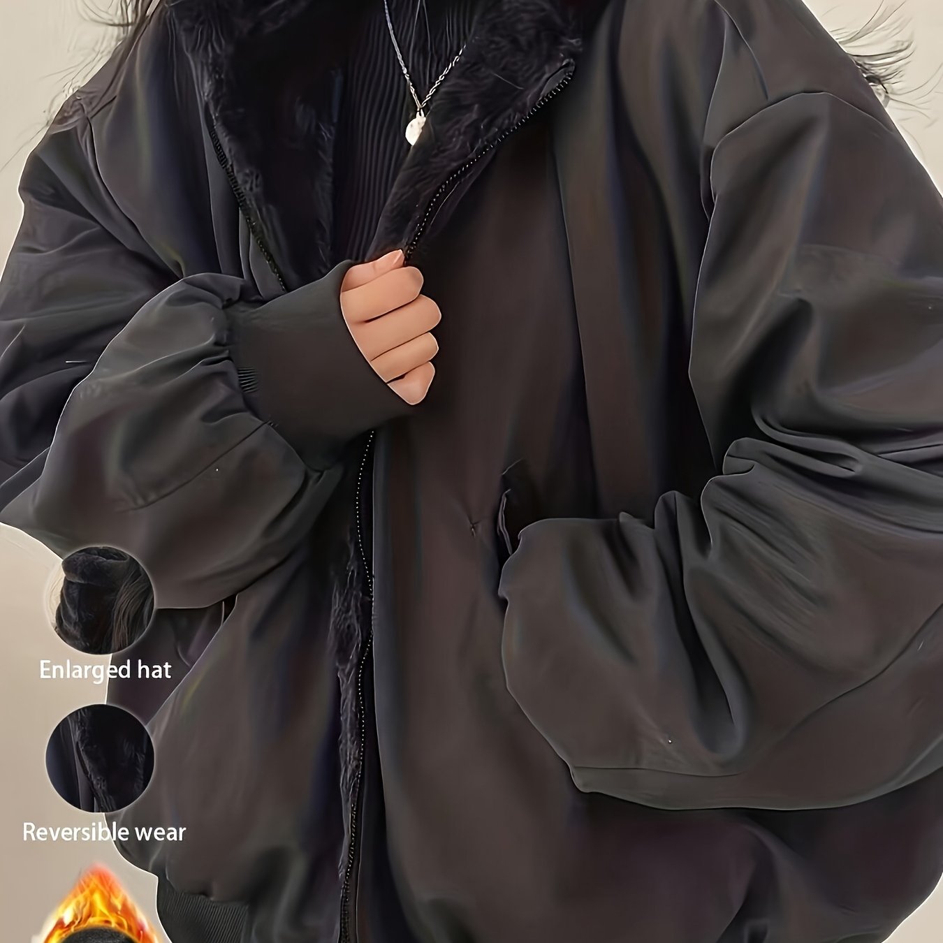 TEMU Women'-face Wearable Hooded Jacket, Plush Lining 2-in-1 Autumn Winter Coat