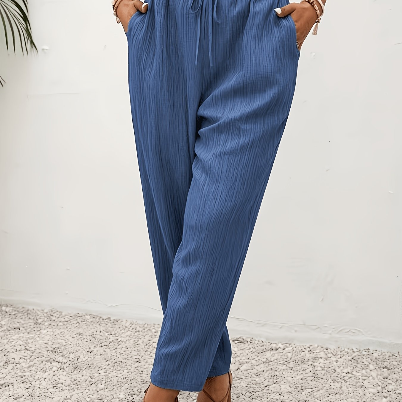 TEMU 2026 European And American Women's Elegant Casual Solid-colored Waist-tie Pants With Pockets.