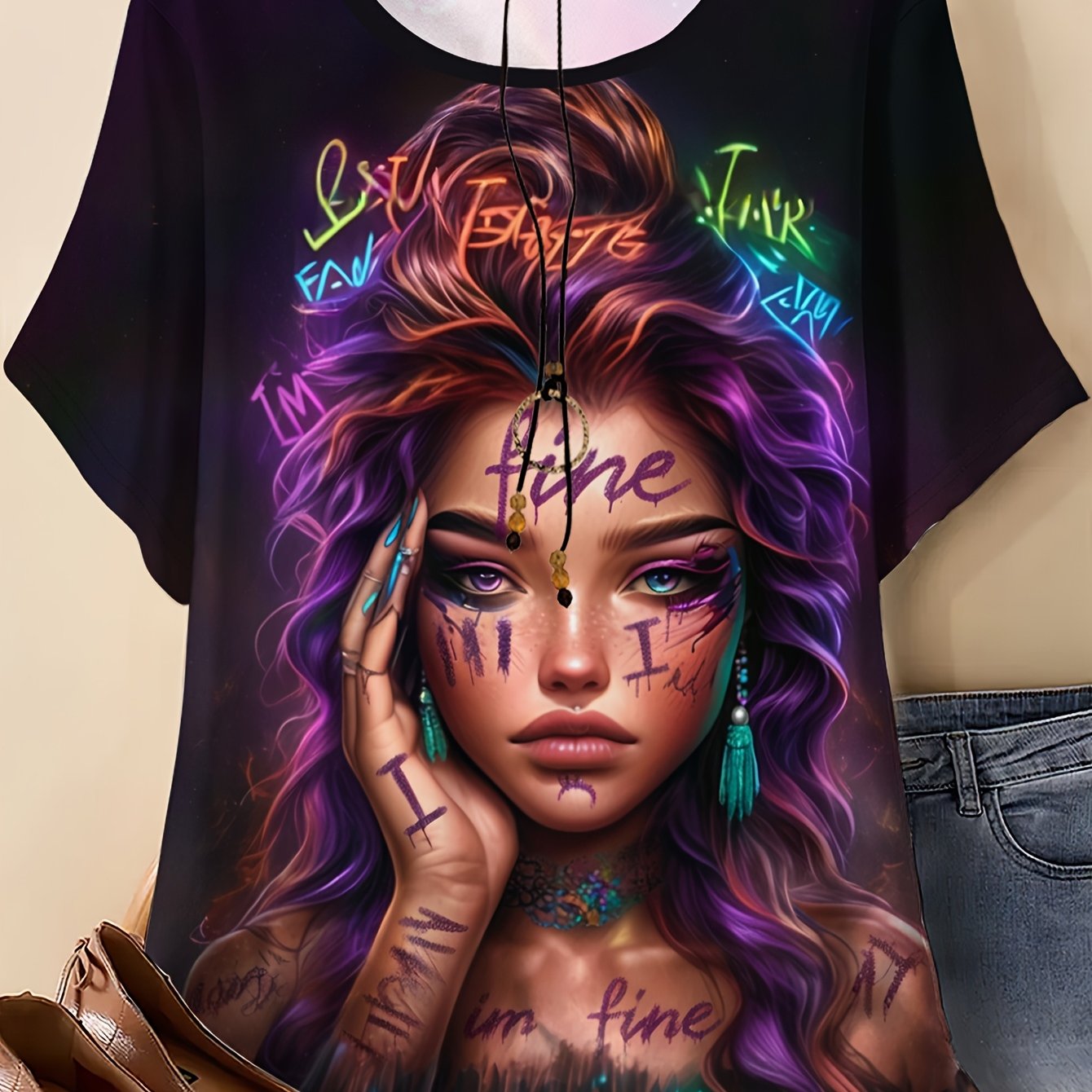 Image of Plus Size, Women's Plus Size Elegant Short Sleeve T-shirt- Portrait Print Round Neck Blouse, Summer Casual& Semi-formal Wear, Machine Washable Comfortable Top Suitable For Hot Weather