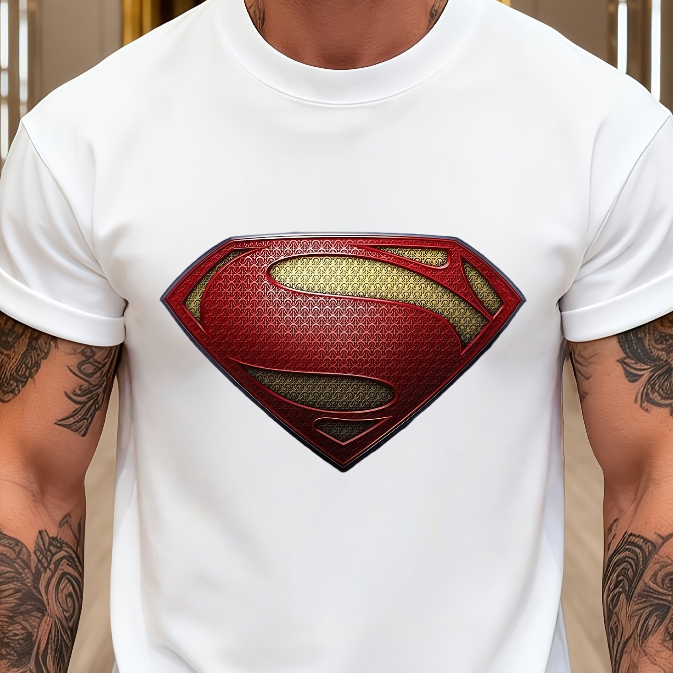 TEMU Men's T-shirt, ., Superman Series, Summer Short-sleeve Loose-fitting Comfortable T-shirt, Casual Sportswear, White Round Neck Top For Men,