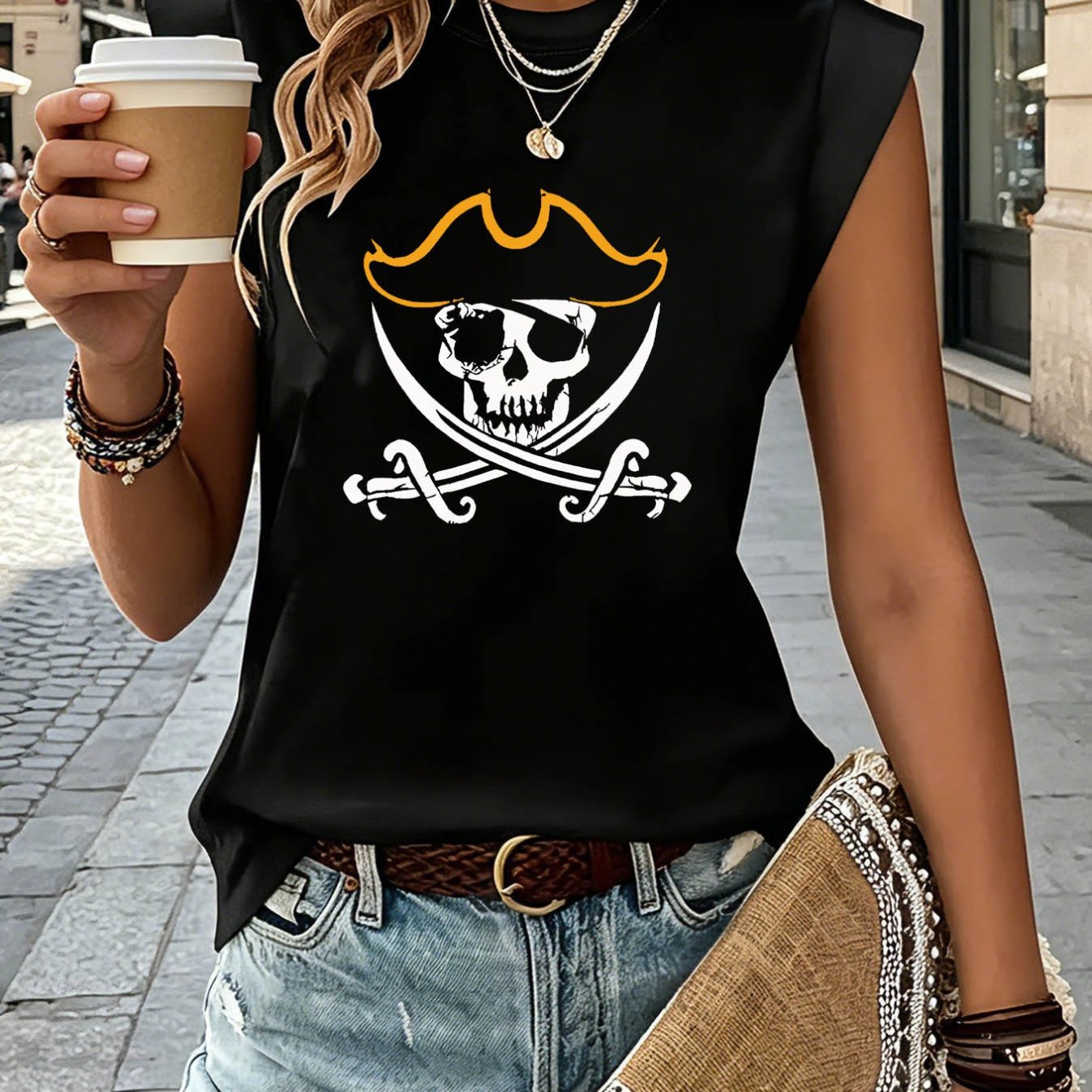TEMU Women's Pirate Skull & Swords T-shirt - Retro Gothic Pirate Print Crew Neck Sleeveless Top With Skull & , Medium Stretch Casual Shirt Suitable