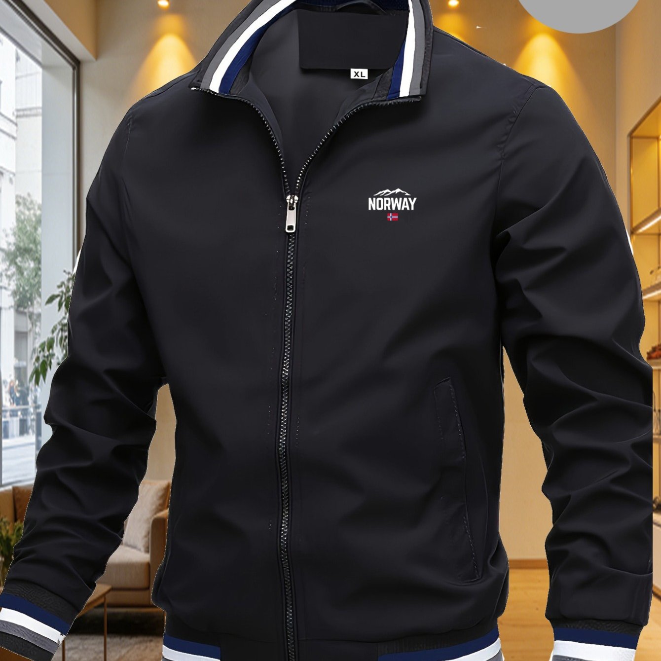 TEMU Men's Norway Norway Mountain Flag Element Navy Baseball Collar Jacket Lightweight Windproof Casual Coat