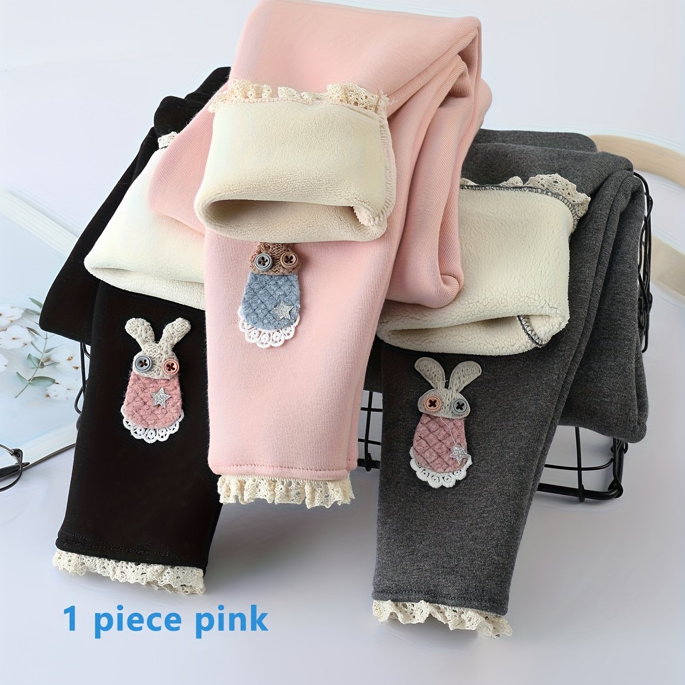 Image of New 2026 Autumn/winter Girls' Leggings, Outerwear -lined Thickened 95% Cotton, Mid-waist Children's Cartoon Rabbit Lace Thermal Pants
