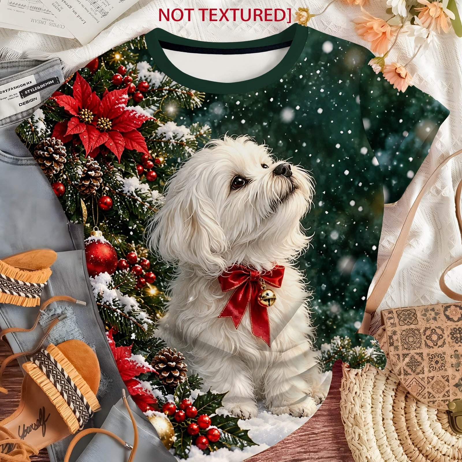 TEMU [printed Design - Textureless] Christmas Style Cute White Puppy Print Round Neck Short Sleeve T-shirt, Adorable Dogs With Christmas Pine