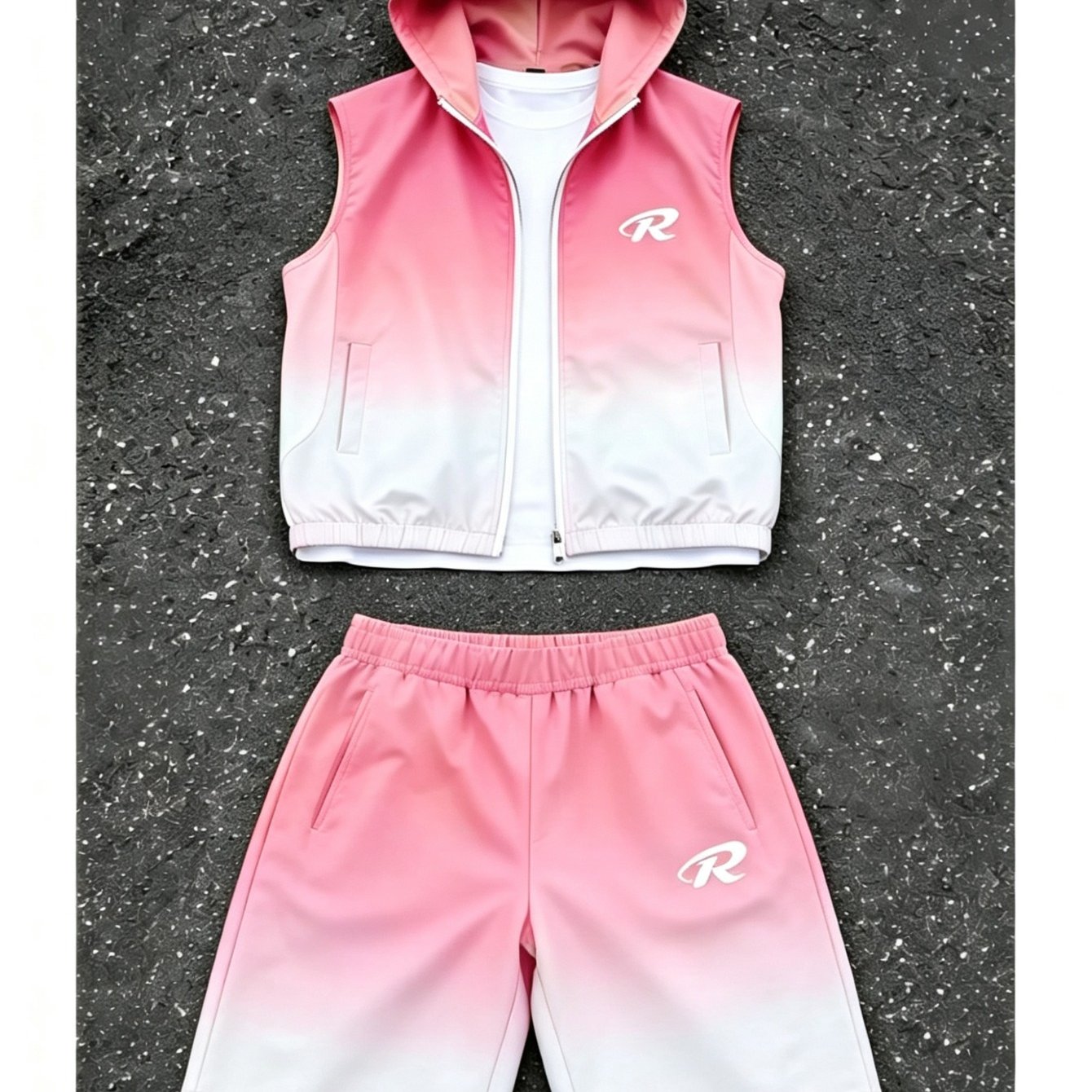 Image of Men' Gradient 2pcs Outfit, Hooded Sleeveless Vest And T-shirt And Shorts Set, 'r' Logo Print, Casual Streetwear For Summer