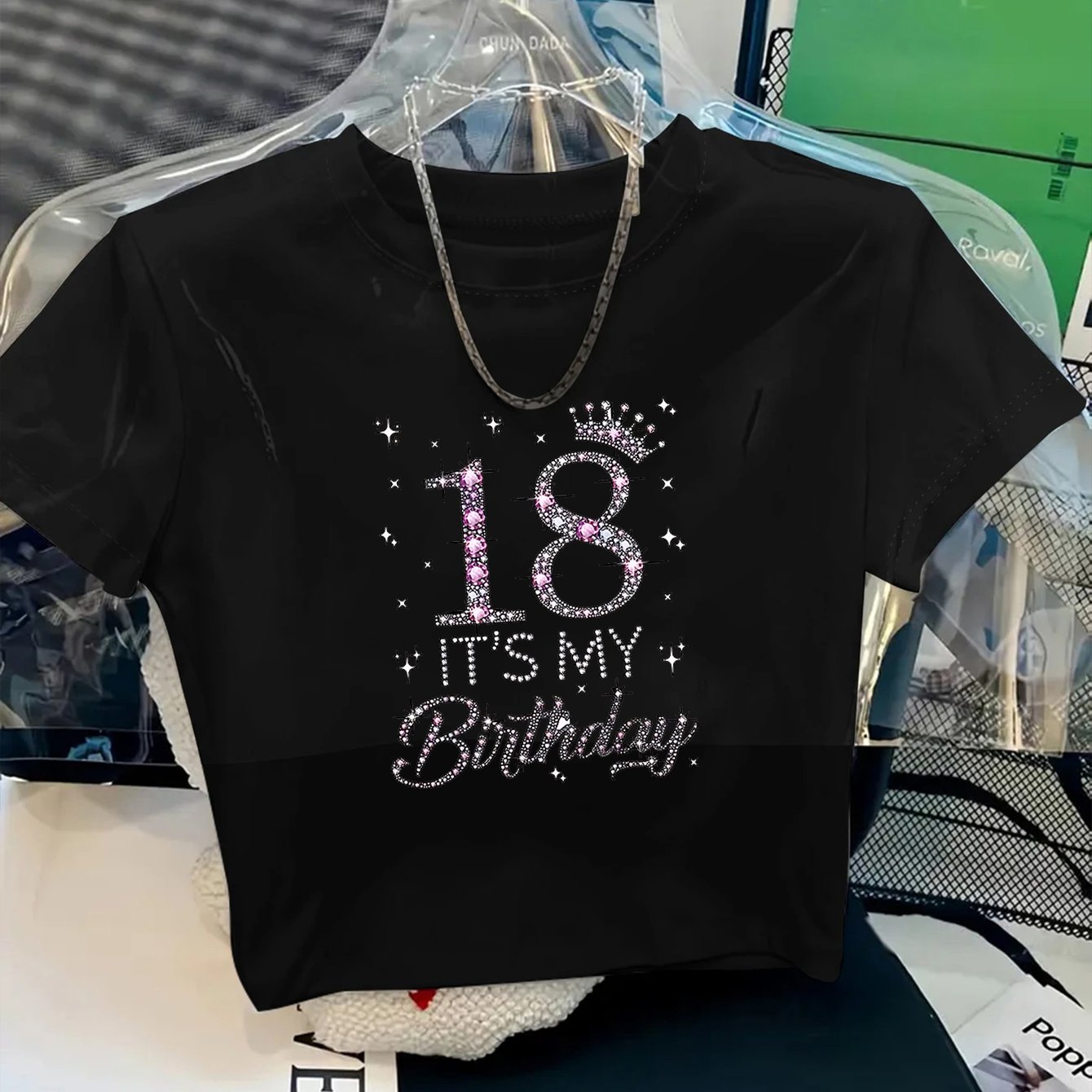 TEMU 1pc Women's Y2k Style 18th Birthday Party Sparkling Rhinestone Crown "' Birthday" Lettering Celebration Style 2d Printed Pattern Short Sleeve
