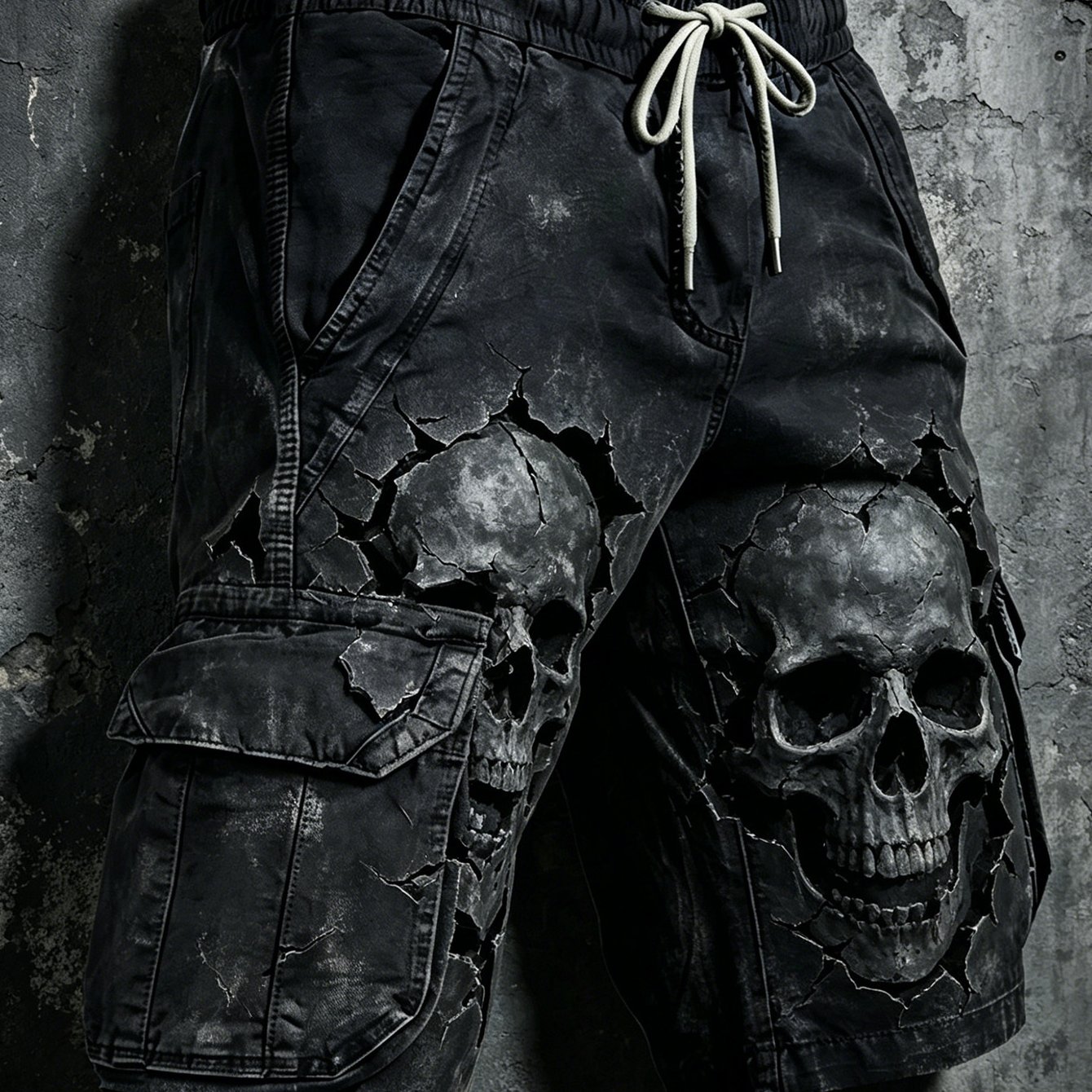 TEMU Single-piece Pants (no Belt) Non-faux Denim Size Men's Vintage Distressed Skull Cargo Shorts, Vintage Black-grey Casual Sports Shorts, Suitable