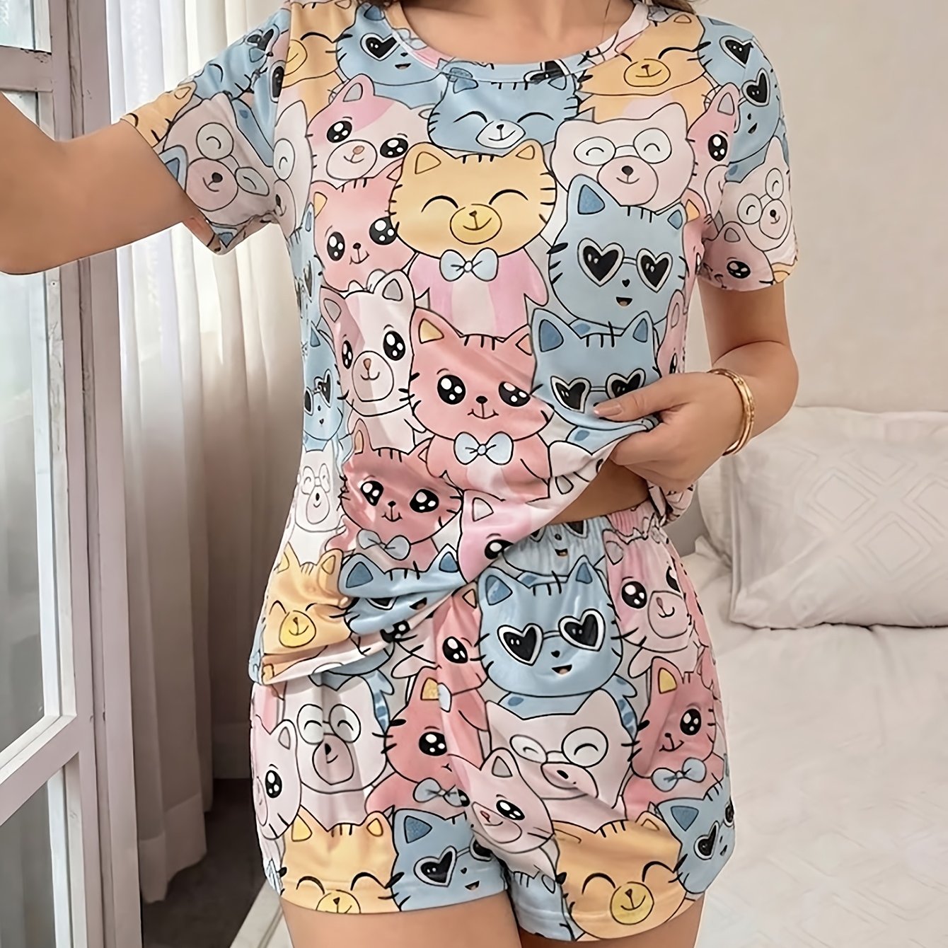 TEMU Women Round Neck Short Sleeve Cute Cat Print Top And Shorts Pajama Set For Summer