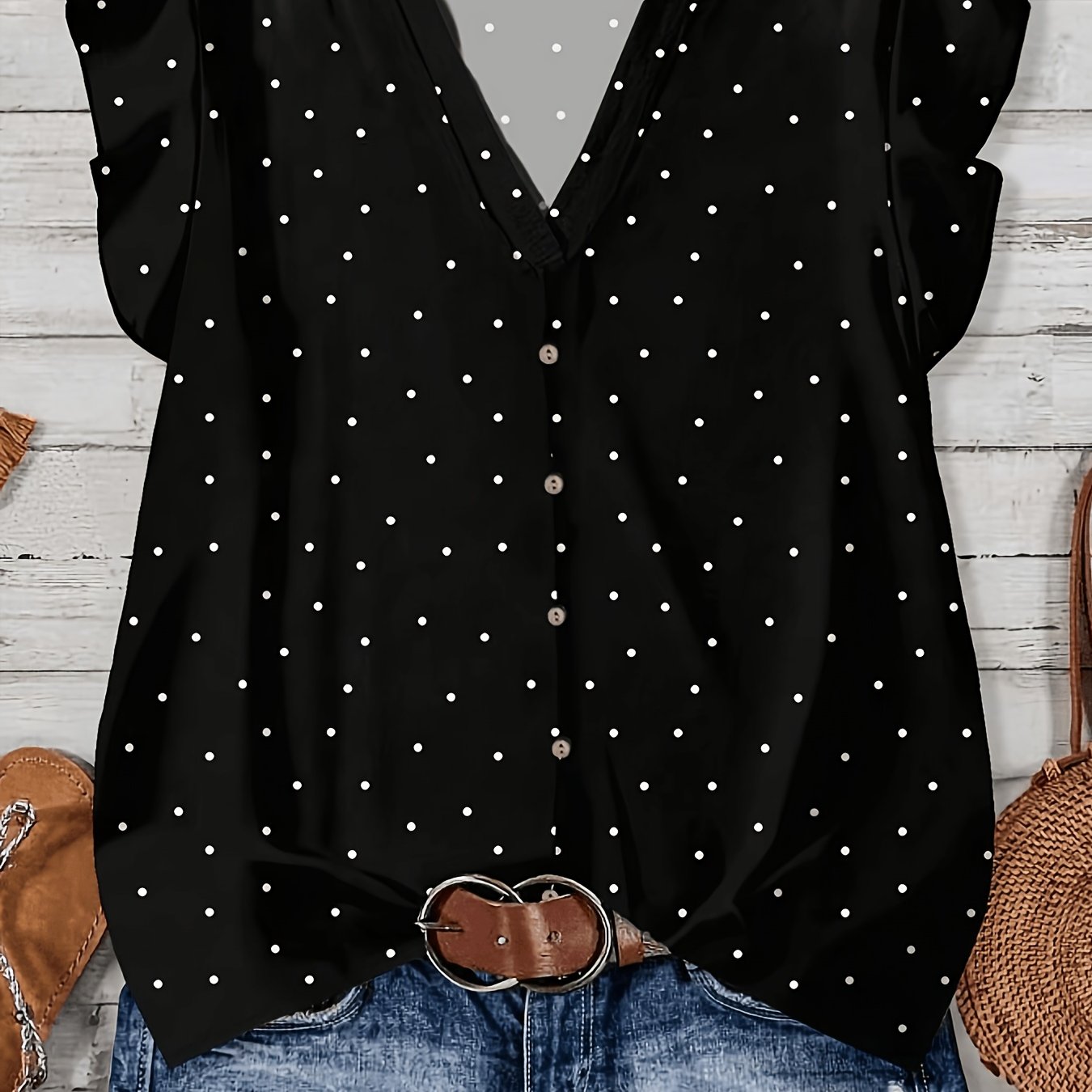 TEMU Casual Minimalist Vintage Polka Dot Print Women's Shirt, Suitable For Summer Wear