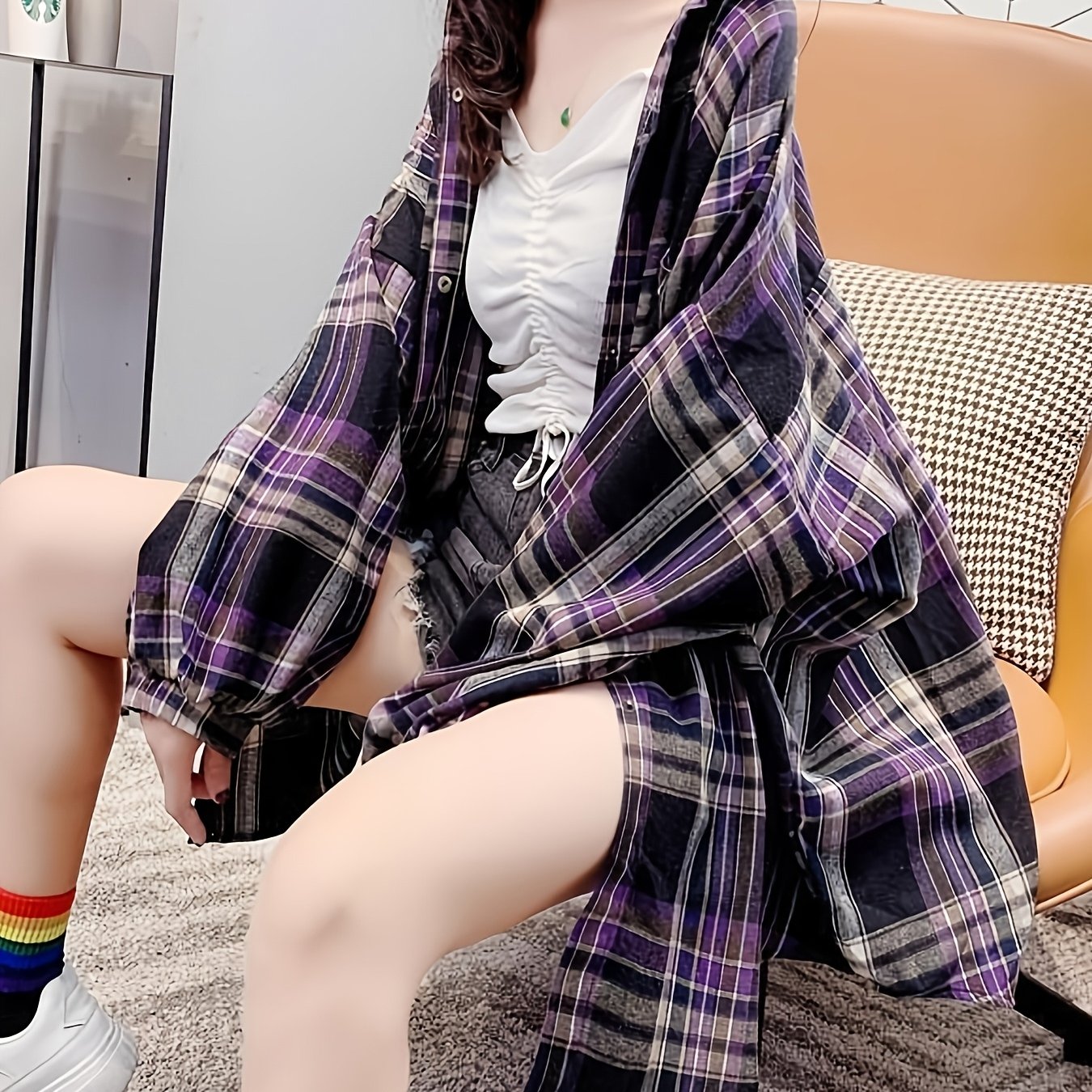 TEMU プラスサイズ 薄手ジャケット 春秋新作 万能 韓国風 ゆったりチェック柄 プラスサイズ 長袖 日焼け防止シャツ 夏用トップス チェックシャツ トップス