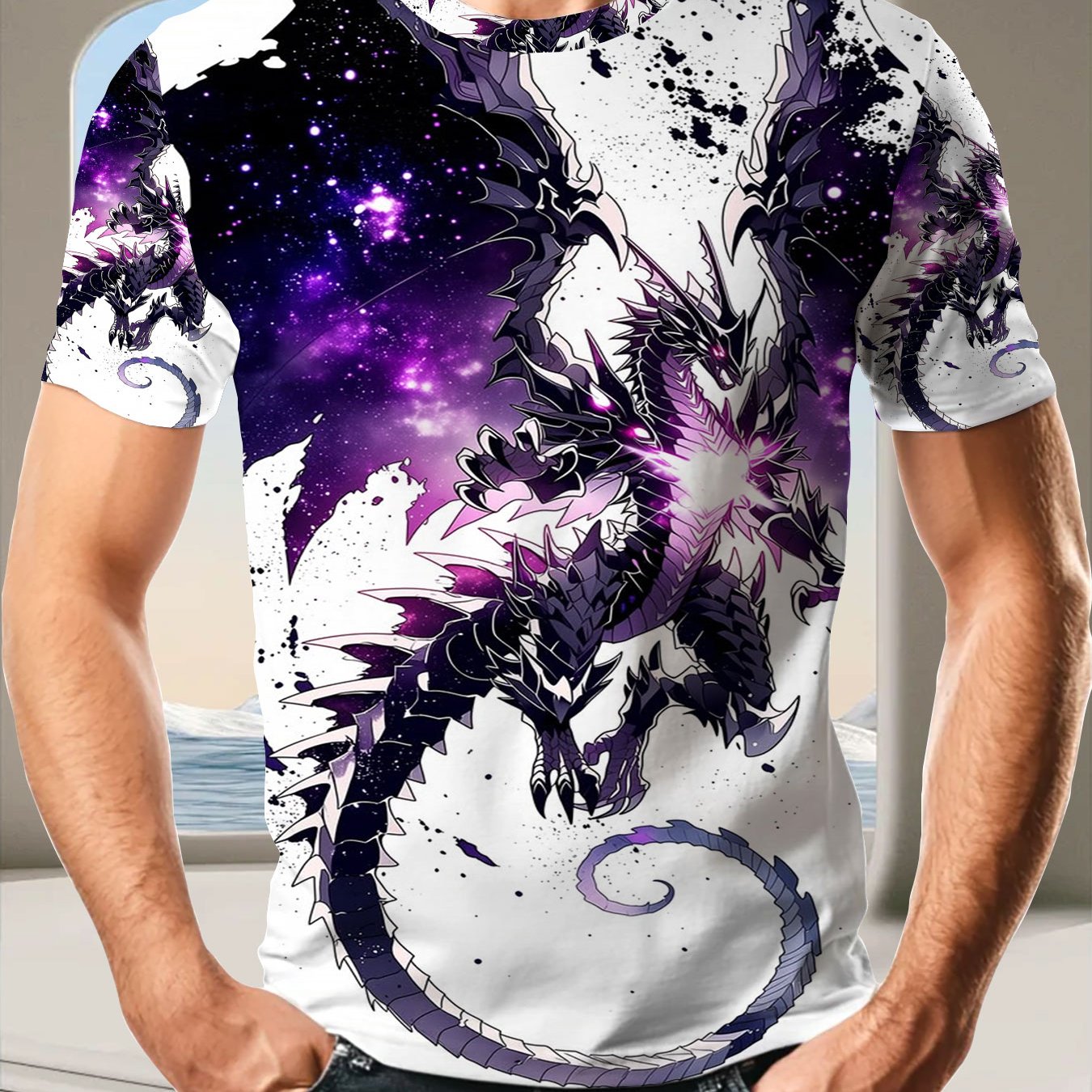 TEMU Men's & Galaxy Wing Print T-shirt - Breathable Lightweight Polyester Short Sleeve Round Neck Tee Suitable For Daily Wear, Outdoor Activities,