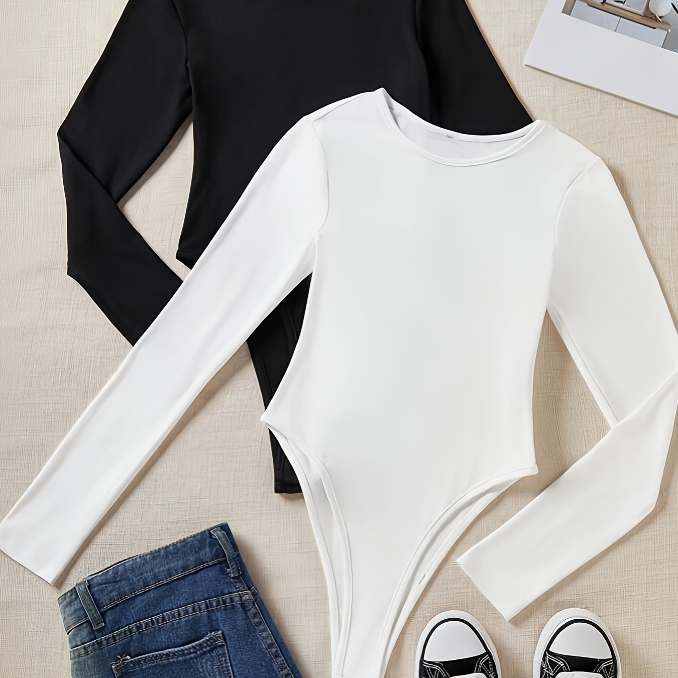 Image of Independent Site Popular Two-piece Set, Solid Color Long Sleeve Fitted Round Neck Bodysuit