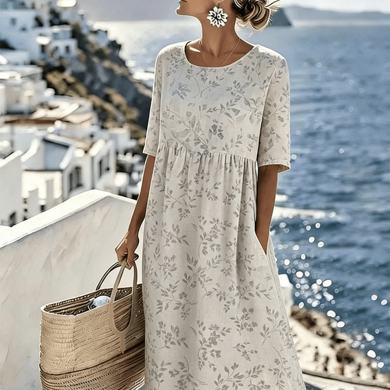 Image of New Summer Dress For Women With Half Sleeves, Light Gray Botanical Print, Round Neck, A-line Skirt At The Waist, Loose Casual Vacation Long Dress