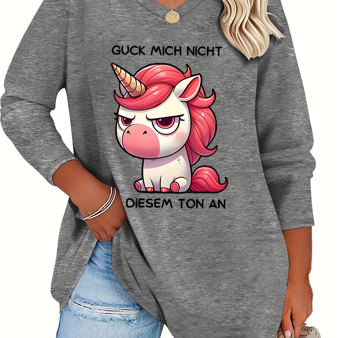 E-shop Plus Size - Plus Size - Frühling und Sommer Neues Plus Size Damenmode Buchstaben Niedliches Einhorn Muster Druck Lässiges Langarm V-Ausschnitt