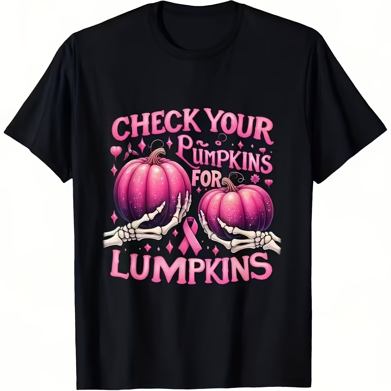 TEMU Breast Awareness Halloween Check Your Pumpkins For Lumpkins Pink Ribbon Funny Christmas S Men's Graphic S Black Ts For Men And Comfortab-unisex