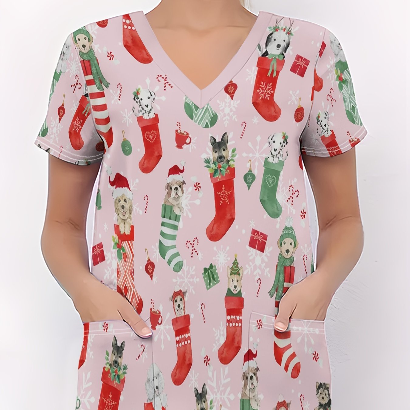TEMU Christmas Women's Nurse Uniform, Pink Background With Cute Christmas Dog Pattern, Socks, Gifts, And Snowflakes Printed T-shirt, Christmas V-neck