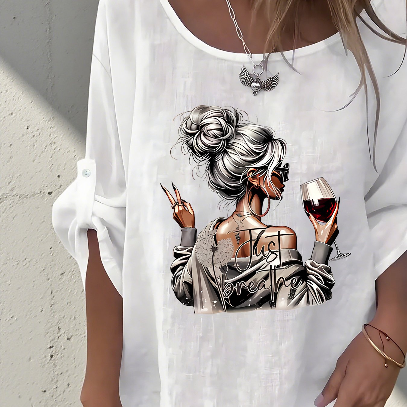 Image of Western Style Easy Creative Printed Casual Round Neck Long Sleeve Shirt, One-piece Women's Shirt, Elegant Party Wear, Women's Blouse, Style, Beautiful Women's Shirt