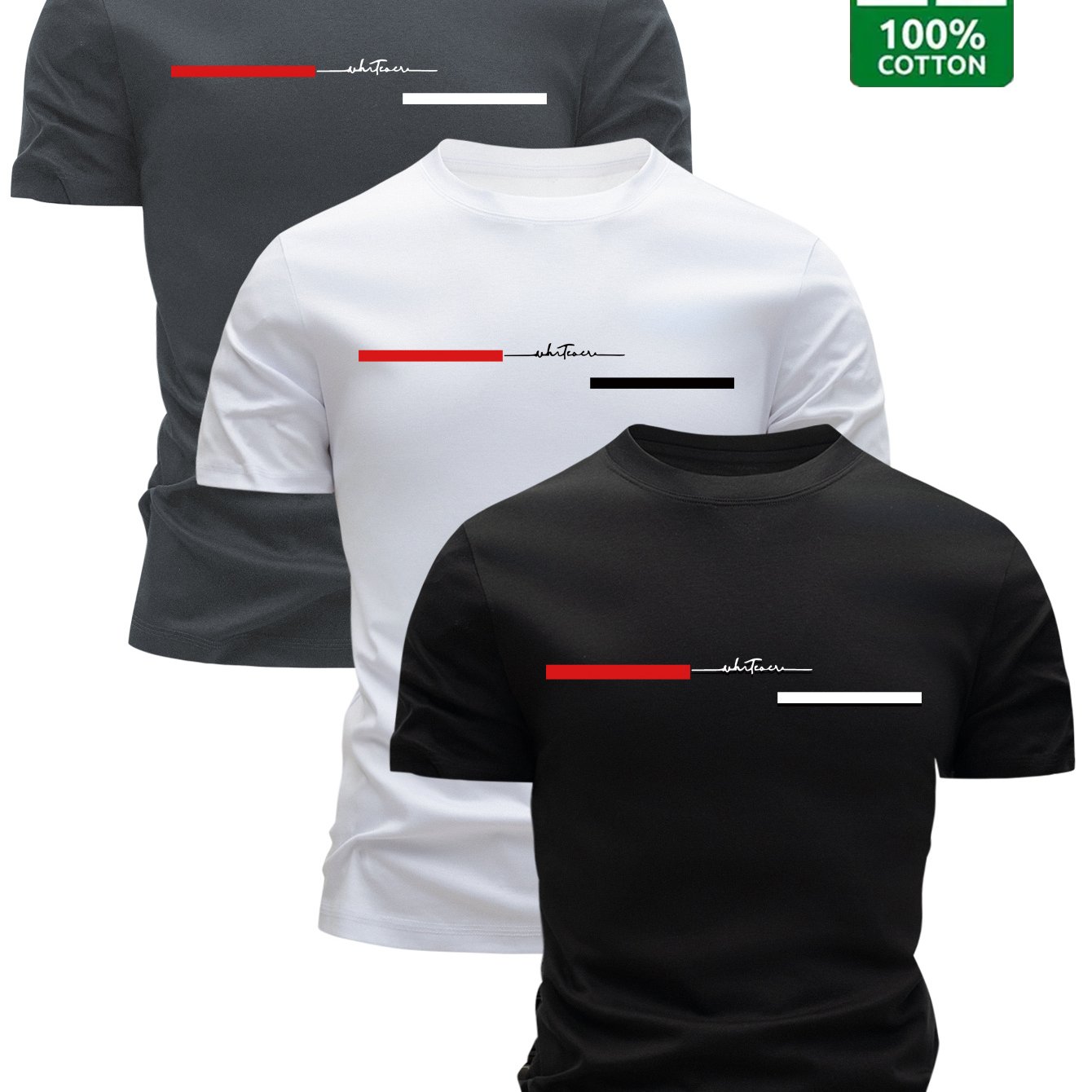 Set Of 3 100% T-shirts, Trendy , Round Neck Breathable Tees, A Summer Essential For Men