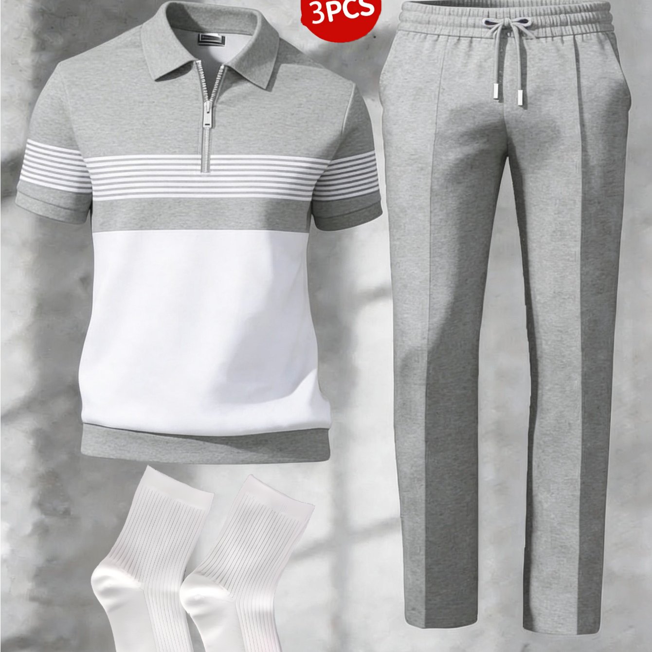 TEMU 3pcs-men's Half Zipper Short Sleeved Pants Set socks, Simple Geometric , Mature Men's Outfit, Suitable For Casual Office And Wear, Plus Size,