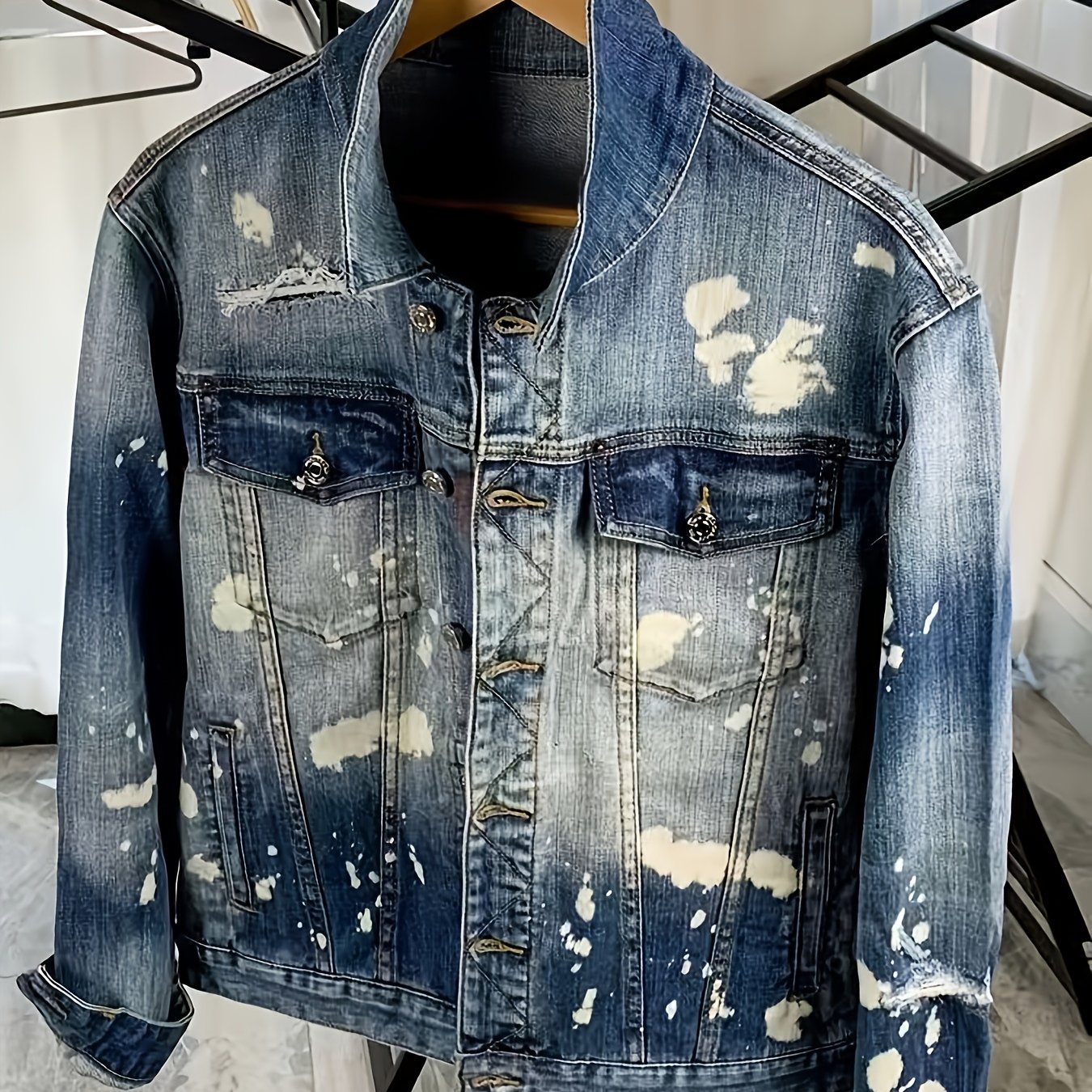 Image of [hme]y304men's Denim Jacket, A Must-have For Trendy And Combinations. American-style Oversized Men's Denim Coat. -washed Finish, That Are Versatile And Never Go . Breathable And Machine-washable