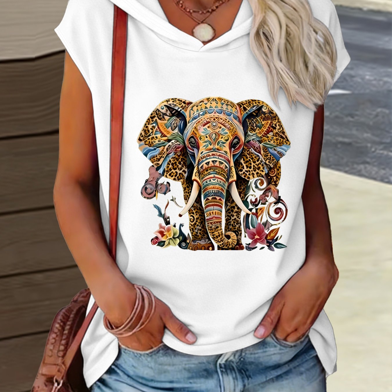 TEMU 1pc Hooded Elephant Multicolor Style Unique Summer New Y2k Style Women's Athletic Suit Elegant Fashion Comfortable T-shirt Top