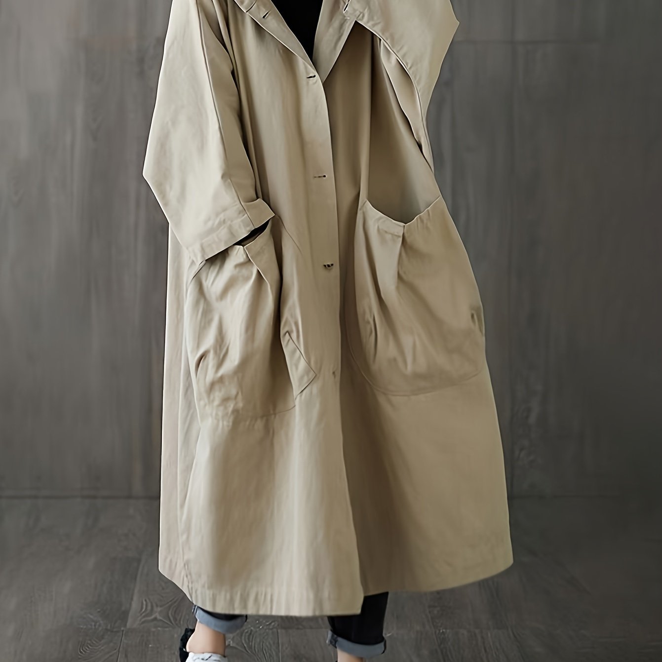 E-shop Herbst- und Winterneuer Stil Khaki Damen Design Lässige Große Tasche Lange Trenchcoat Jacke Lockerer Schnitt