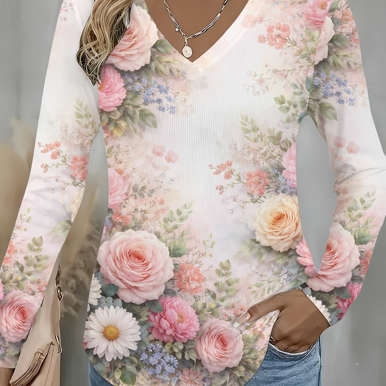Image of Floral Print Women's Casual Long Sleeve V-neck T-shirt With Rose And Daisy Pattern, Spring And Autumn Style, Mother's Day Gift, Suitable For Casual And Sports Occasions