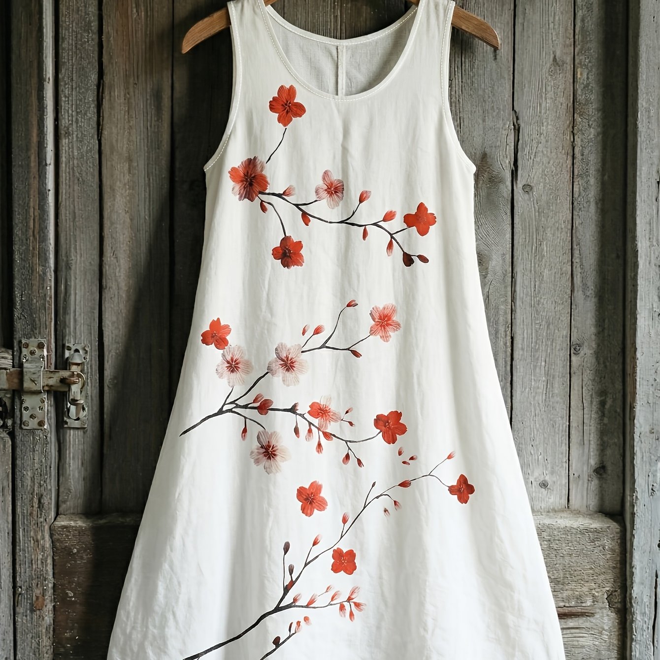 TEMU Women's Sleeveless Floral Print Vintage Casual Bohemian Vacation Dress, White Loose Summer Loungewear, Beach Vacation And Relaxed Country Style,