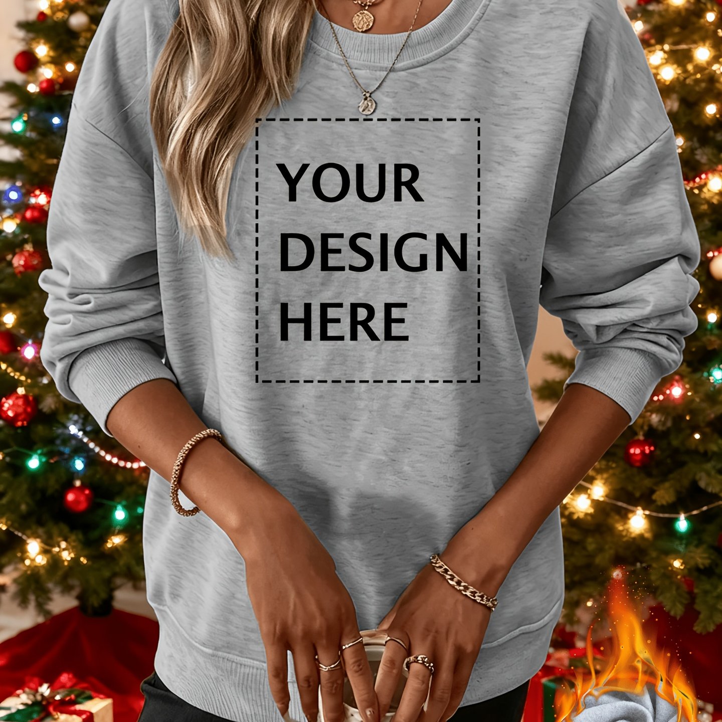 TEMU 02# [] Custom Round Neck Long Sleeve Fleece Sweatshirt Women's Clothing, Comfortable All-match Top, Fleece And Thickened, Machine Washable ,