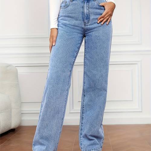 womens high waist straight leg jeans casual light blue denim wide leg slash pockets zip fly machine washable wear