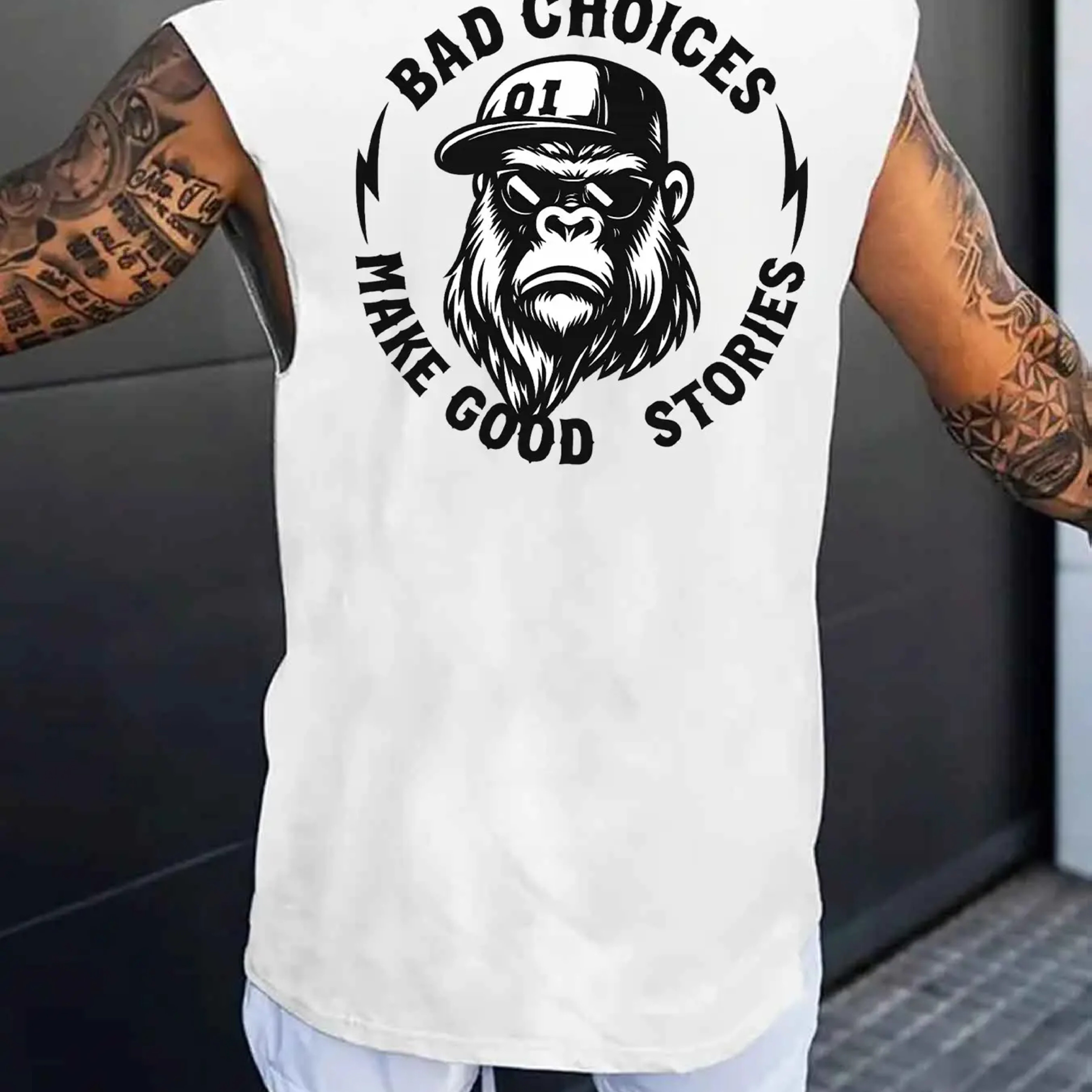 TEMU Men's Sleeveless Tank Top With Gorilla Print & " Make " Slogan - Loose Fit Streetwear Shirt, Round Neck Casual T-shirt Suitable For Gym, Casual