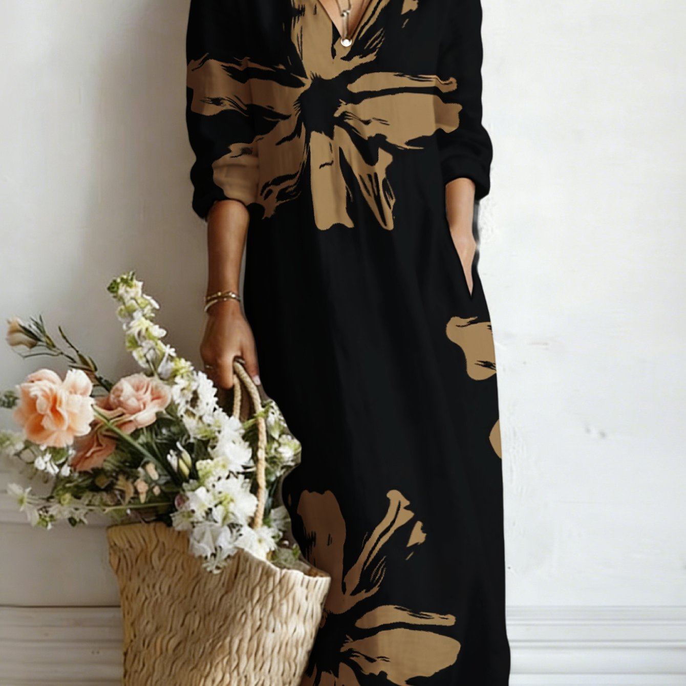 Image of Plus Size - Women's High-end Coffee Abstract Large Flower Minimal Vacation V-neck 3/4 Sleeve Pocket Straight Long Dress, New Arrival, Low-key Elegant Belly-concealing Lazy Fit, Minimal For &