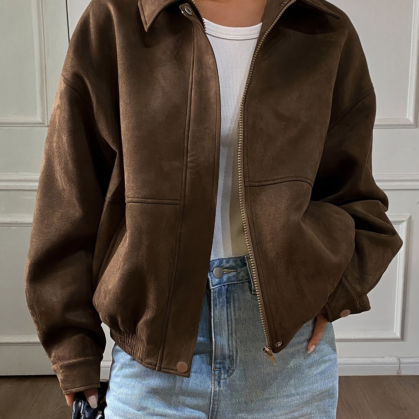 TEMU Talla Grande - Chaqueta Casual de Color Sólido para Mujer, Nueva Colección Verano, Abrigo Premium con Cremallera y Solapa, Moderno y Combinable