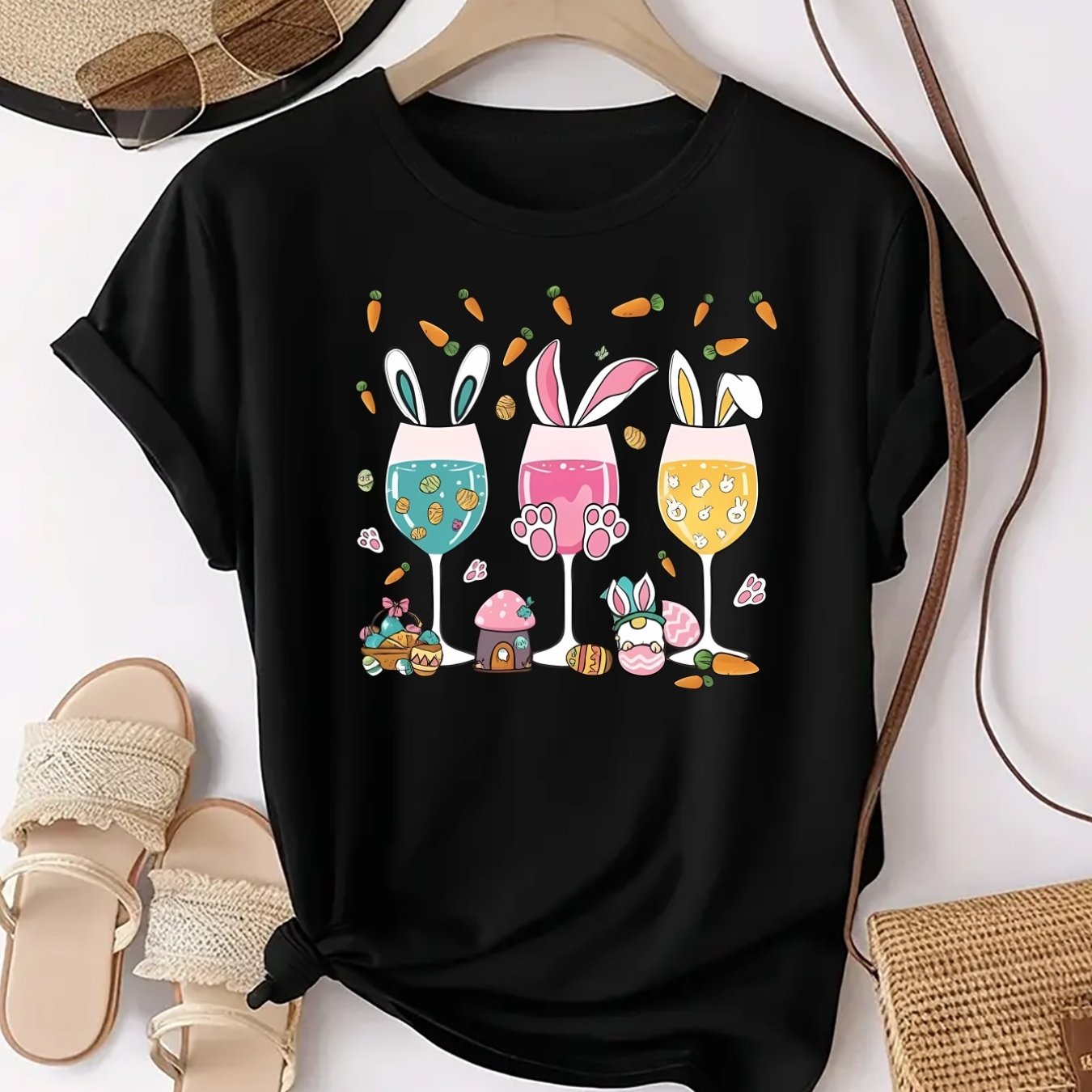 TEMU A Stylish Women's Short-sleeve T-shirt Featuring A Ear Wine Glass And Colorful Egg Decorative Print, Casual Everyday Wear
