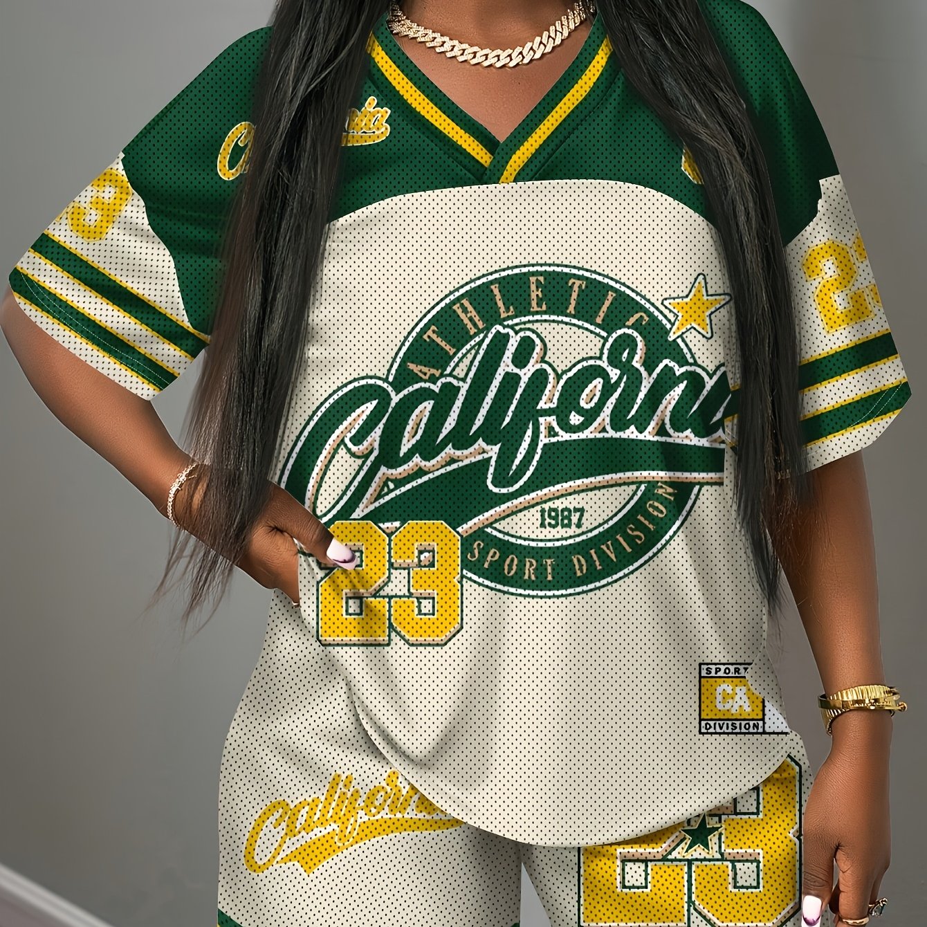 TEMU 2 Piezas Conjunto Vintage Varsity para Mujer - Top de Manga Corta y Shorts con Estampado Número 23, Tejido Transpirable, Ajuste Holgado, Ideal