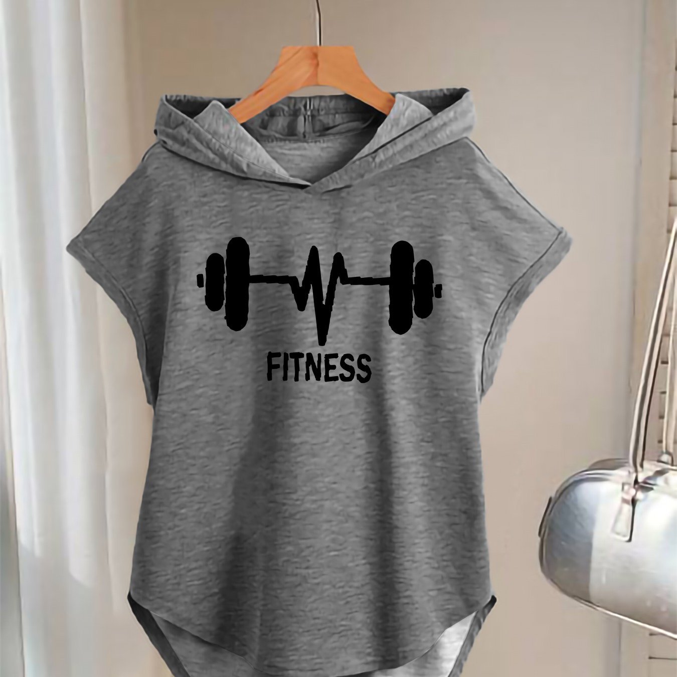 E-shop Eine modische, elegante Damen Y2K Street Style Weste mit Buchstaben--Barbell-Musterdruck, Kapuze, Fledermausärmeln, verschiedene Größen