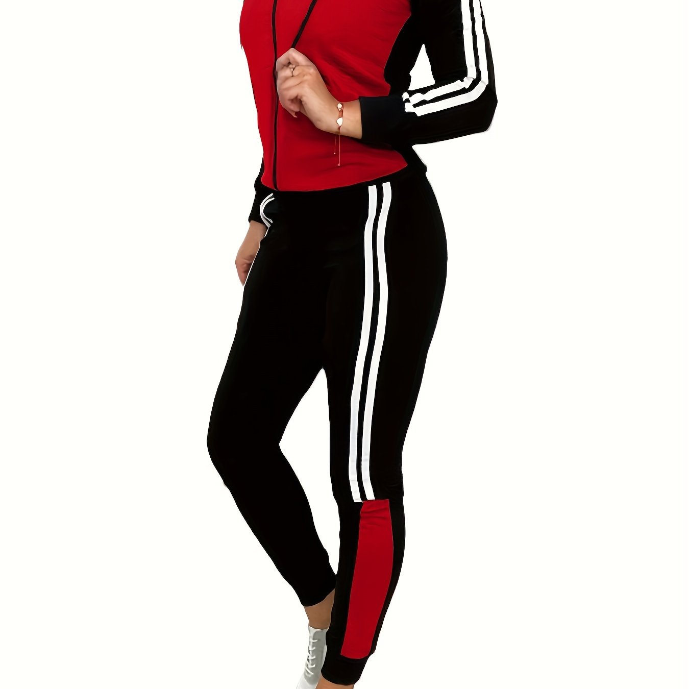 TEMU And Autumn Women's Outfit Featuring A Color- Zip-up Hoodie With Pocketed Long Pants In A Two-piece Set