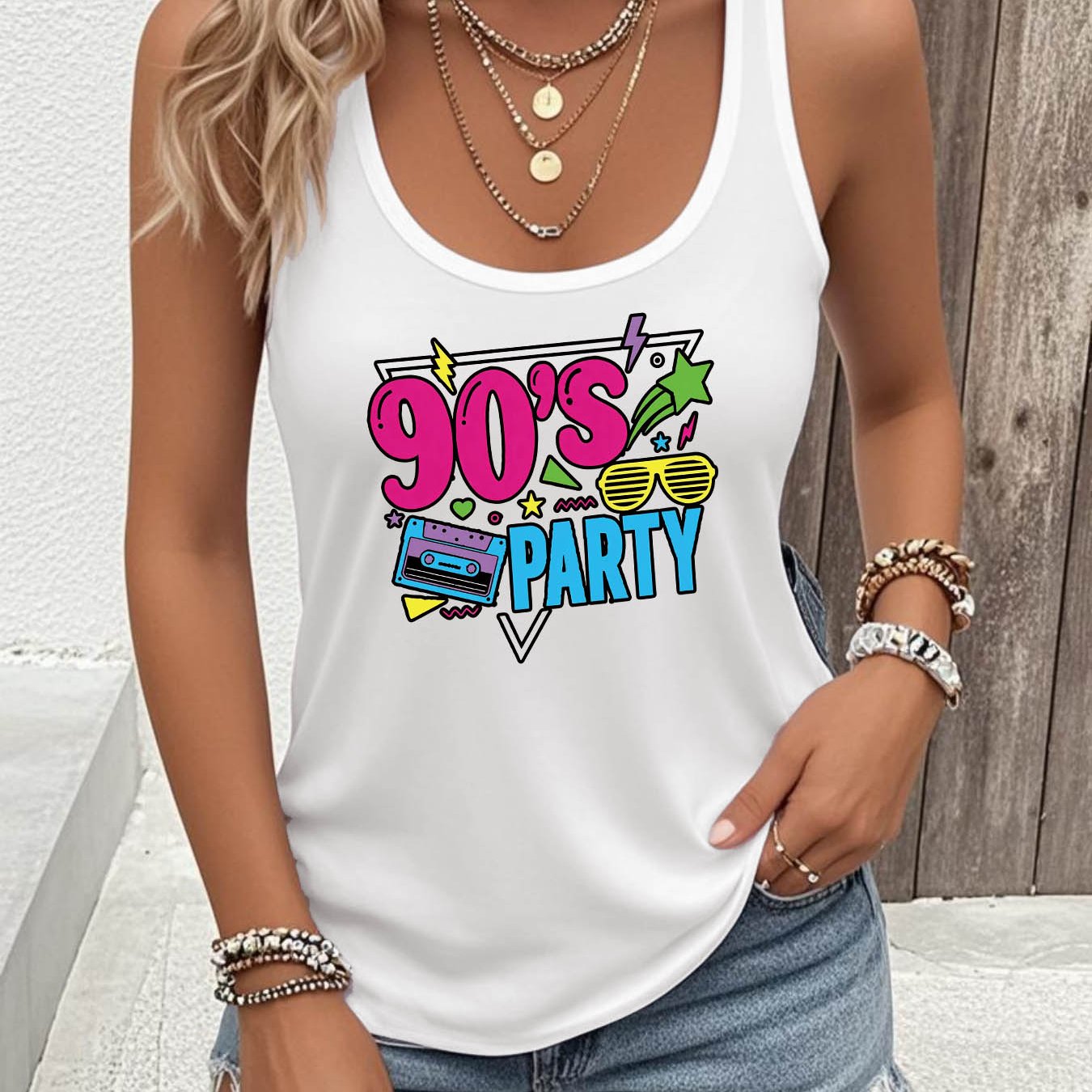 TEMU 90's Party Graphic Print Tank Top, Sleeveless Casual Top For Summer And Spring, Women's Clothing