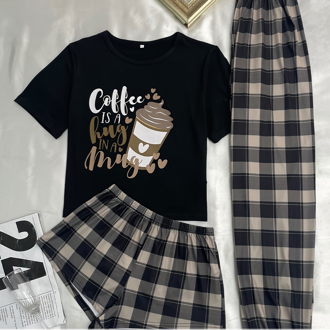 Image of Women's Plus Size Casual Lounge Set, Plus Size Short Sleeve T-shirt And Shorts & Pants Pajamas 3pcs Set For