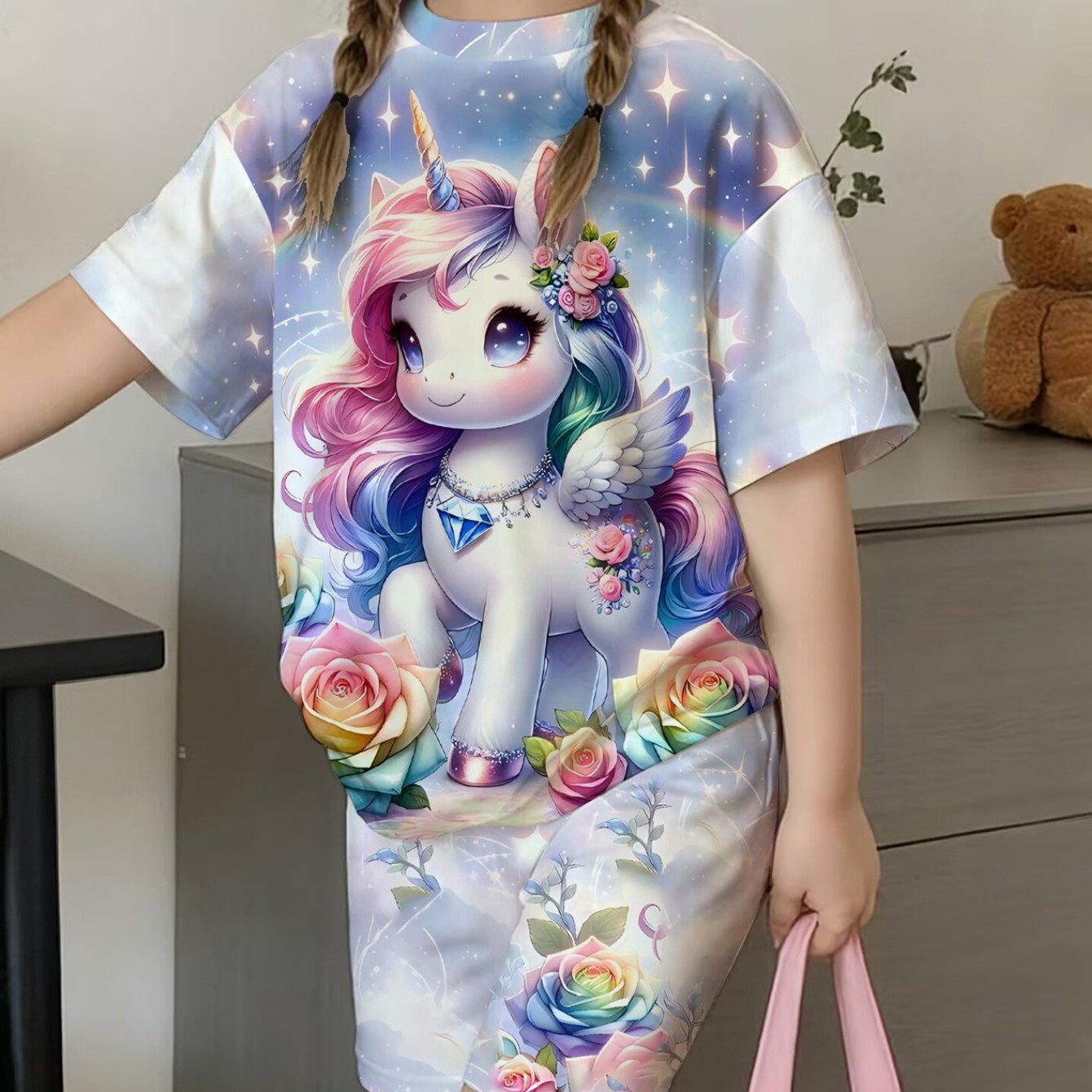TEMU Suitable For Girls Unicorn T-shirt And Shorts Set Spring Summer Cartoon Casual Sports Outfit Very Suitable For Outdoor Activities Girls Wear