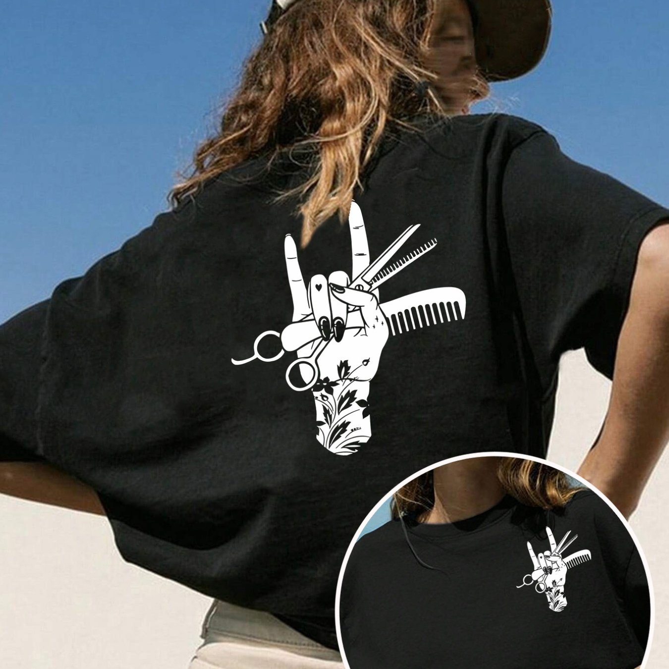 E-shop Damen Kurzarm T-Shirt mit und hinteren Teilen, Friseur-Geste, Schere und Kamm Print T-Shirt, Lässiges weißes Rundhals T-Shirt, Elastisch,