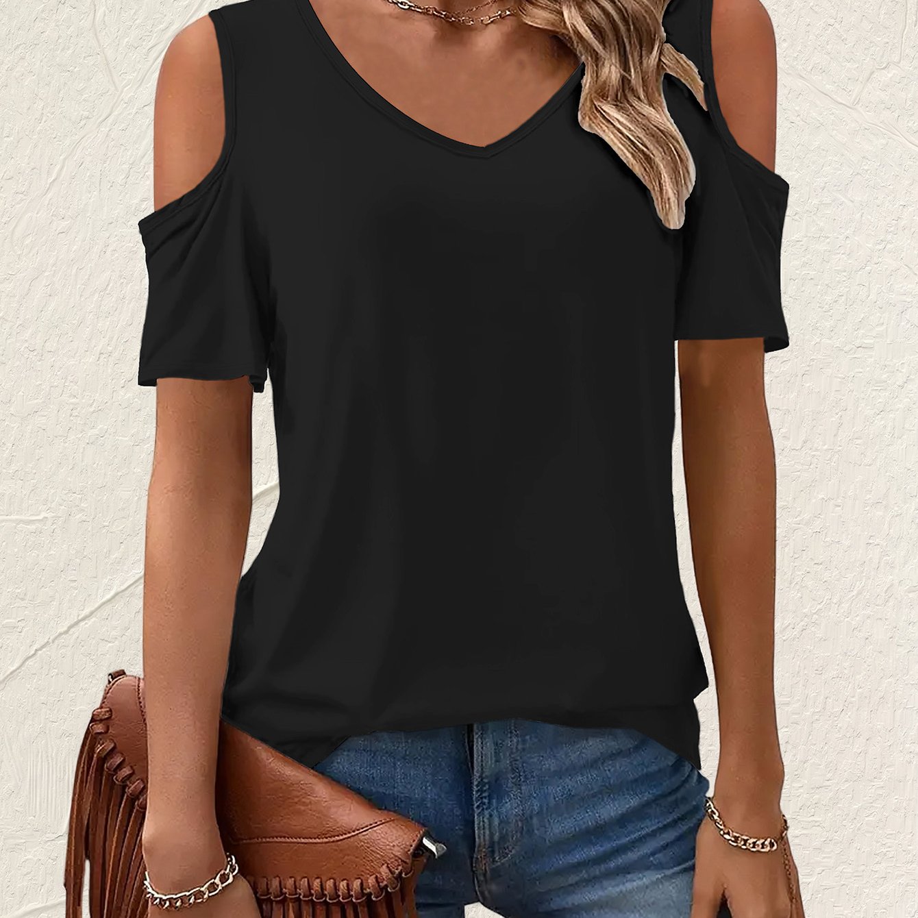 TEMU Solid Color T-shirt, Short Sleeve V Neck Casual Top For Summer & Spring, Women's Clothing
