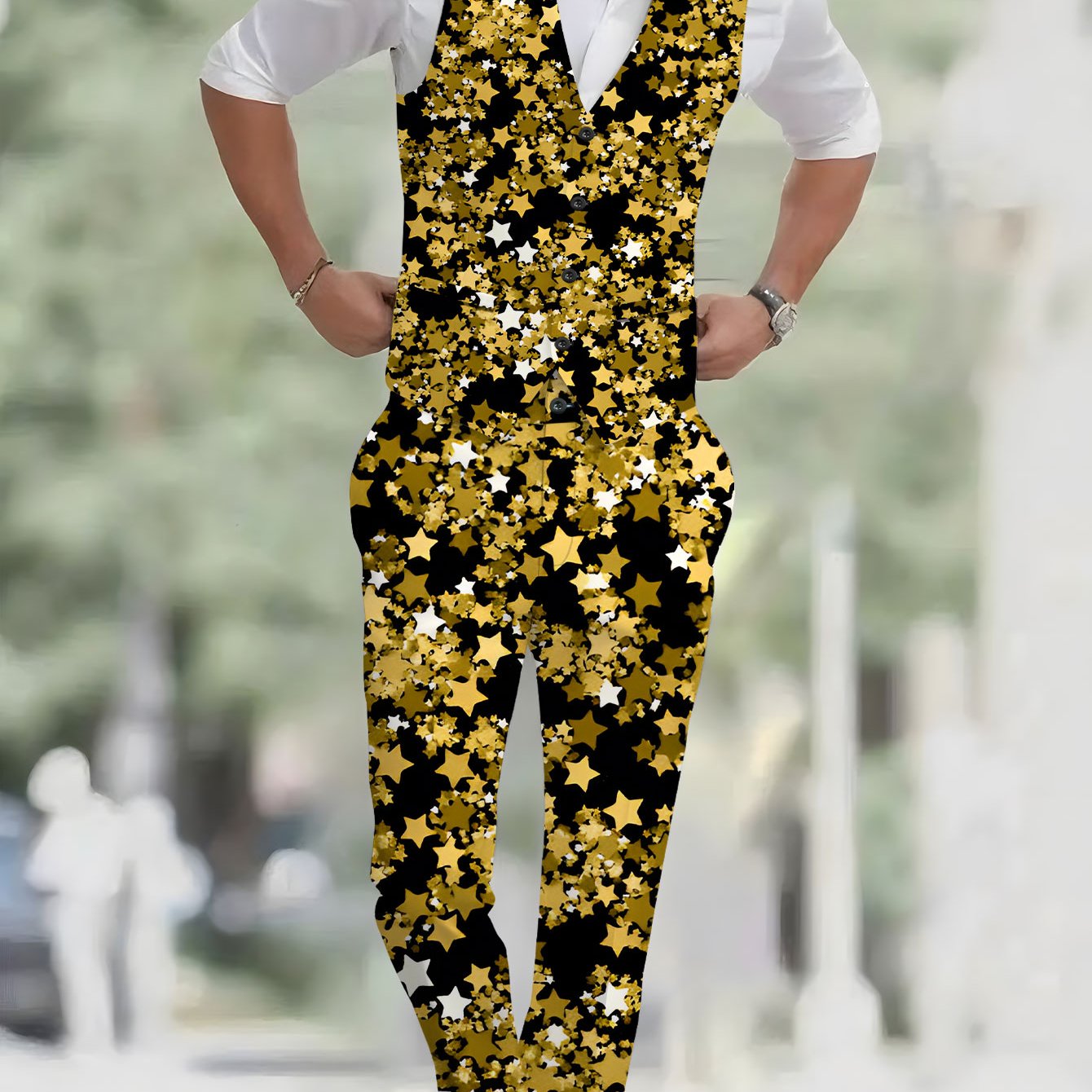 TEMU Men's Fashion 2pcs Vest   Trousers Set With Pattern Background, Casual And Stylish Suit Jacket & Pants Combo For Classic Banquet Wedding Party