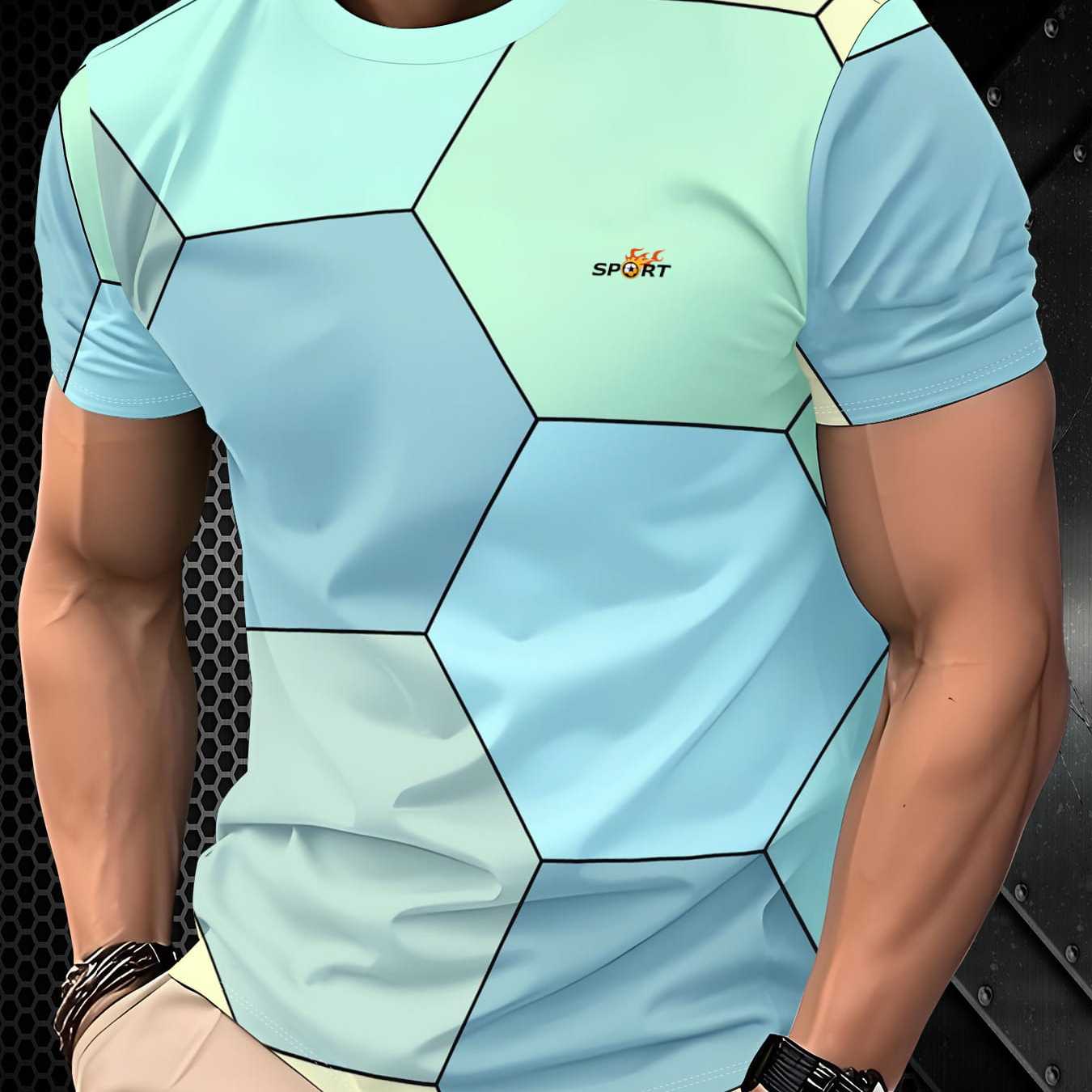 TEMU Men' Macaron Color-block Hexagon Geometric Sports Print Short Sleeve T-shirt, Round Neck Top For Fitness, Home, Casual , All-match Style