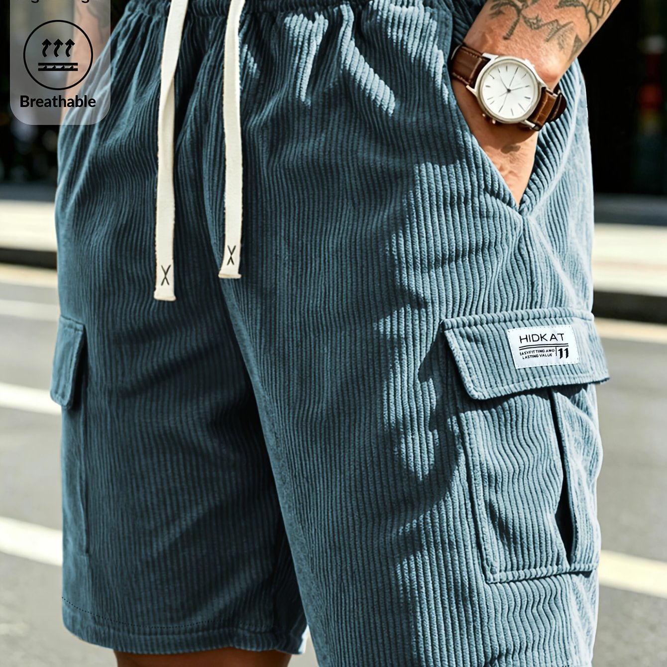TEMU Men's Fashion Outdoor Cargo Shorts, Corduroy Texture Fabric With Drawstring Waist And Side Pockets, Suitable For Outdoor Travel, Daily Hiking,